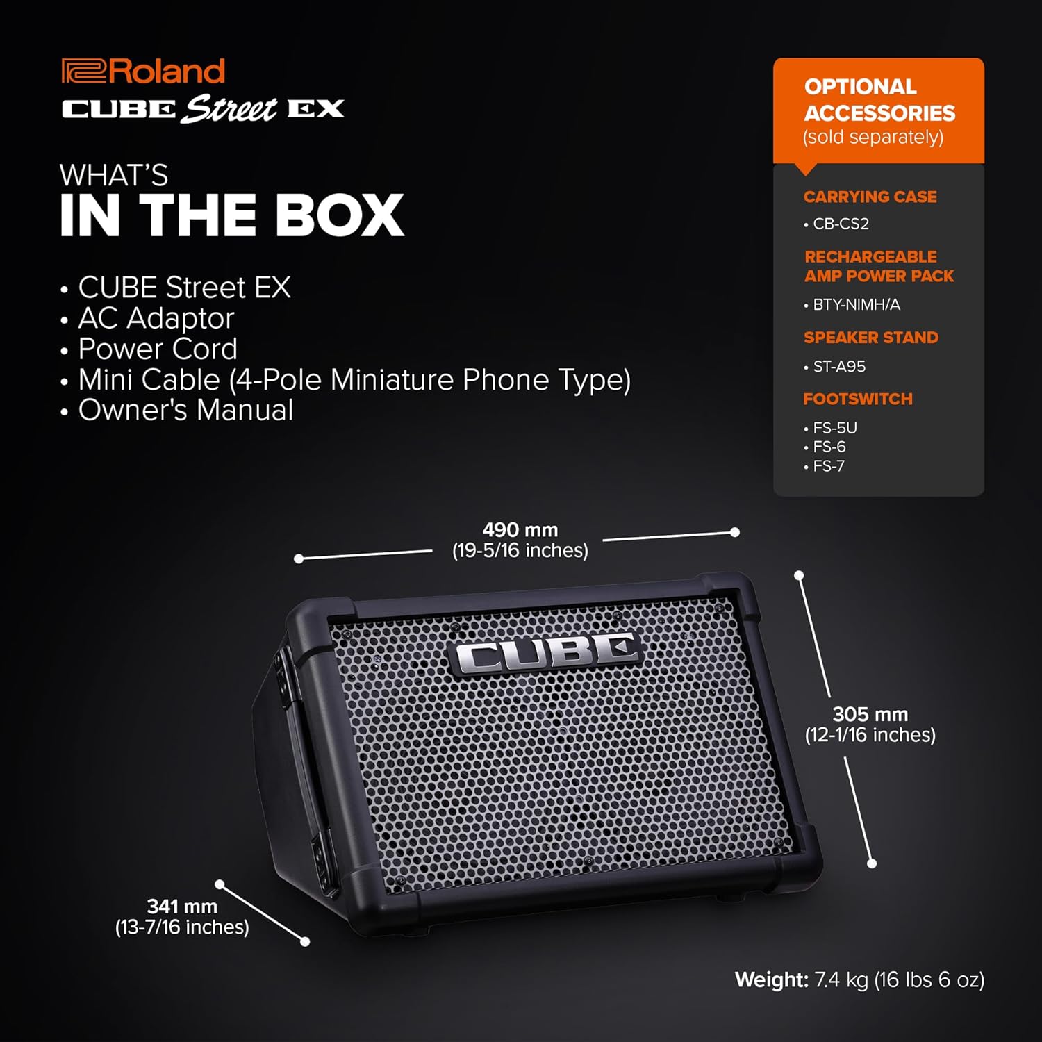 Roland Cube Street EX | Battery-Powered 50W Stereo Amplifier | Clear, Dynamic Sound | Ideal for Outdoor Performances | Supports Mics, Instruments & Audio Devices | COSM Tones for Electric Guitar