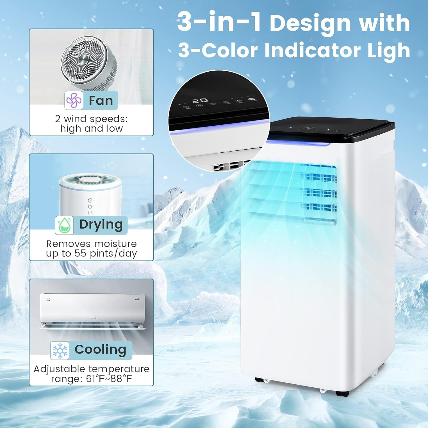 KOTEK Portable Air Conditioner for Room up to 350 Sq. Ft, 10000 BTU 3-in-1 AC Unit for Bedroom with Dehumidifier/Fan/Cool/Sleep Mode, 24H Timer/Window Kit/Remote, Portable AC for Home Office(10000BTU)
