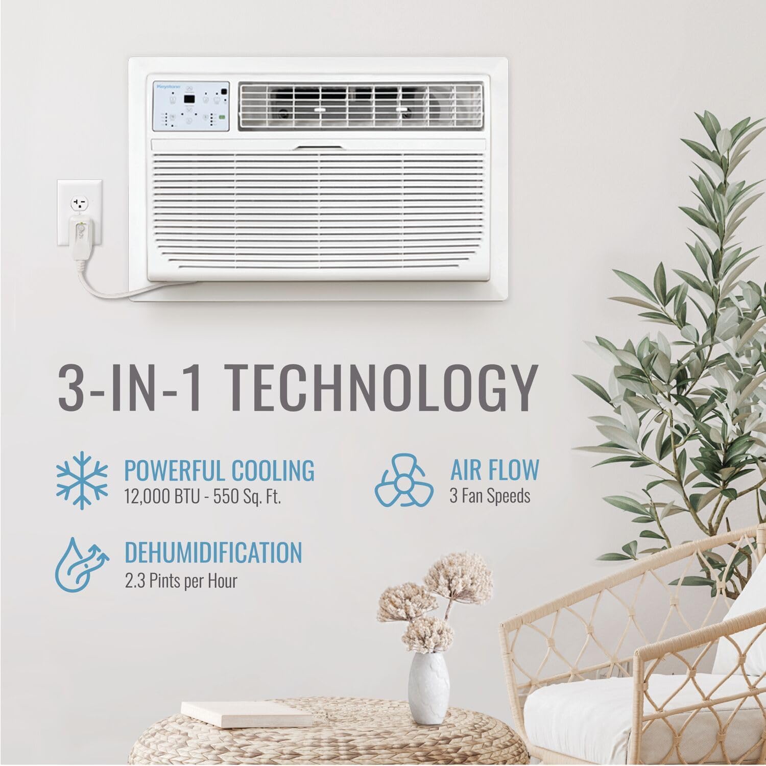 Keystone 12,000 BTU Wall Mounted AC Unit and Dehumidifier, 230V, Wall Unit for Bedroom, Bathroom, Nursery, and Medium Sized Rooms up to 550 Sq.Ft., AC Wall Unit with Remote, Quiet, High Efficiency AC