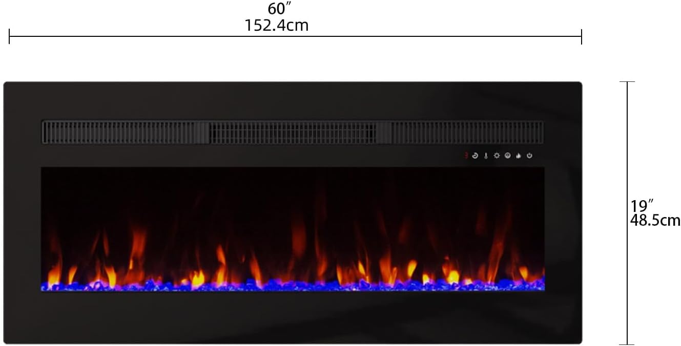 Panana Electric Fireplace Heater Wall Mounted, 60 inch Wide Recessed Electric Fireplace, 1400W, 8H Timer, 20 Color Flame, Remote Control, Log Set & Crystal