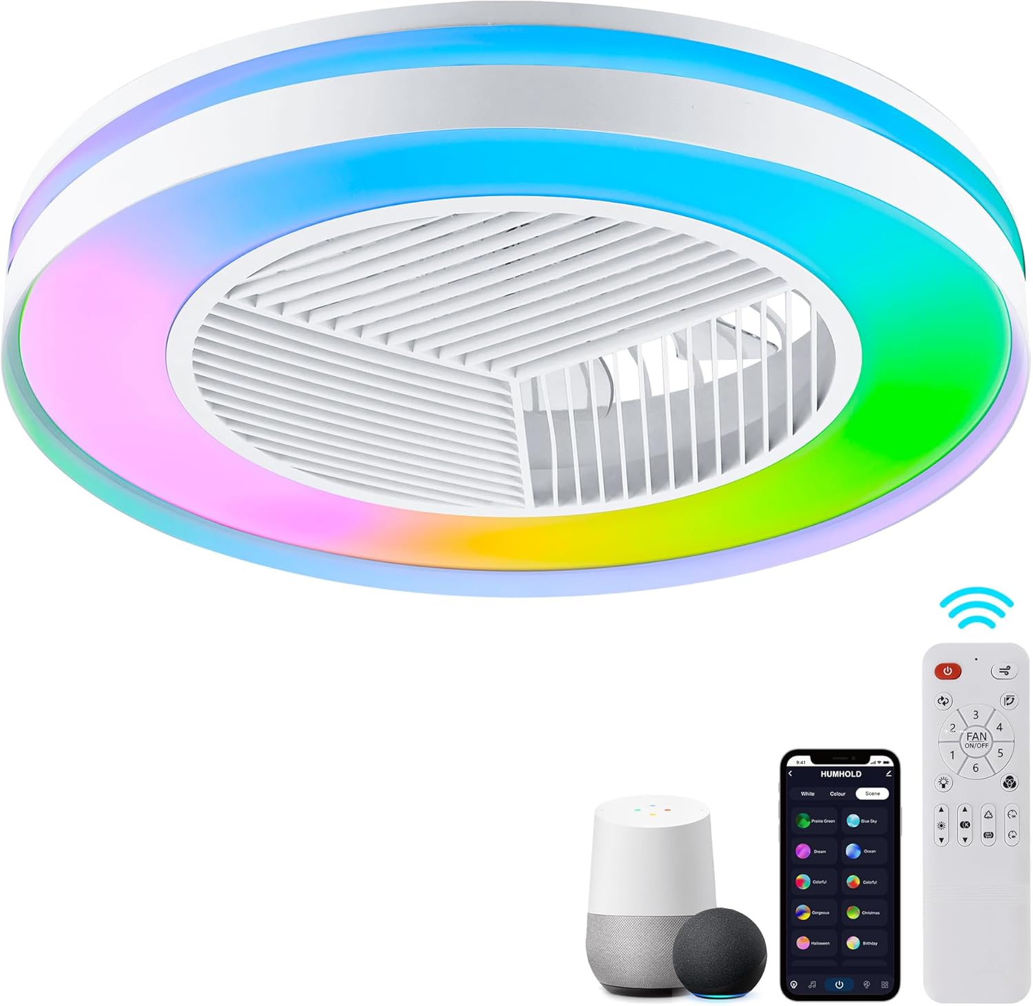 Smart Low Profle Ceiling Fans with RGB Lights Remote/APP/Voice Control, 20
