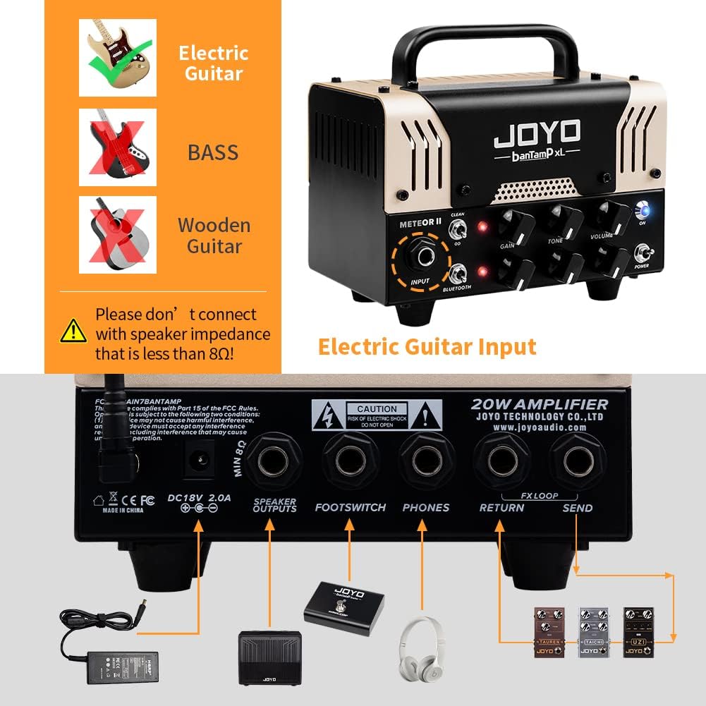 JOYO Meteor II BanTamp XL Series Mini Amp Head 20 Watt Preamp 2 Channel Hybrid Tube Guitar Amplifier Head for Electric Guitar with Bluetooth