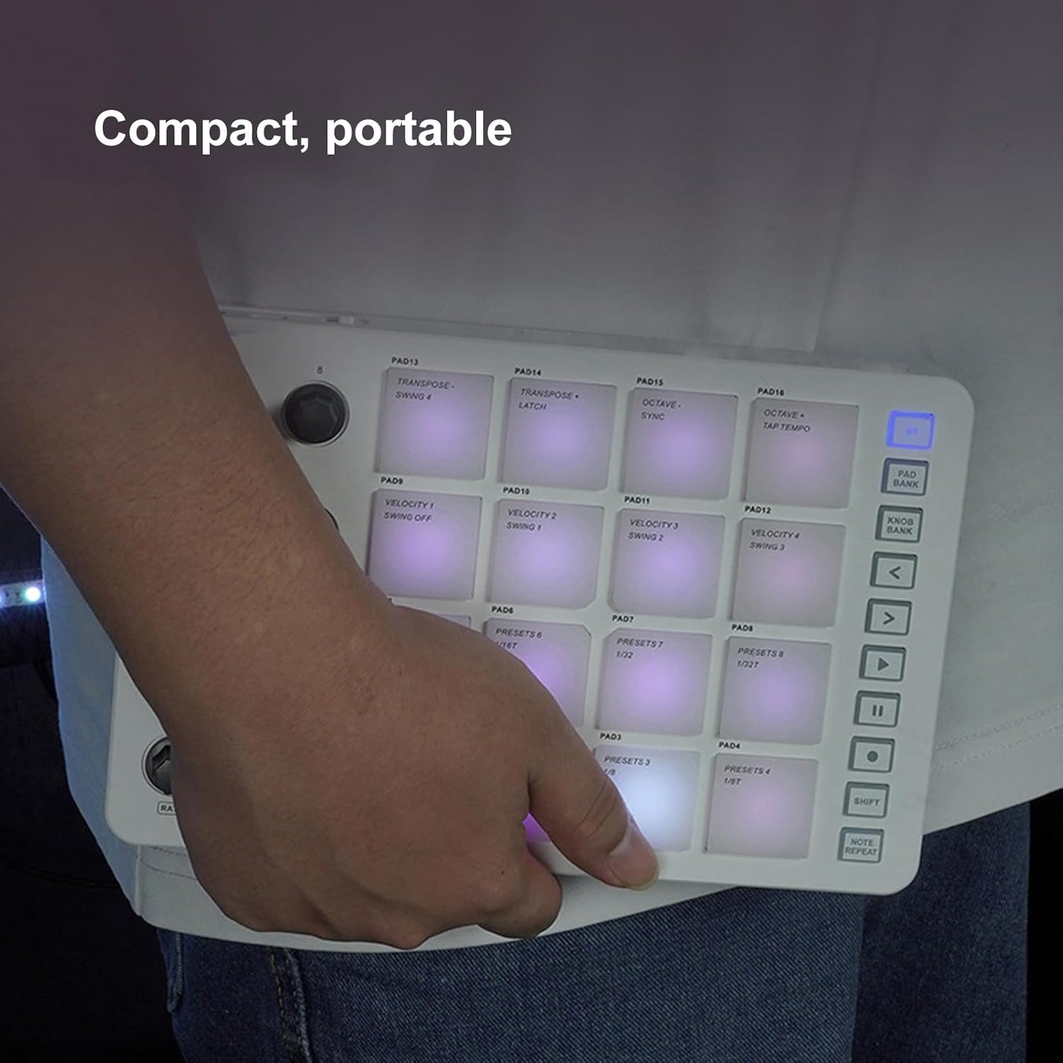MIDI Pad Controller, Portable SMC PAD Bluetooth MIDI Controller with 16 RGB Backlit Pads, 8 Assignable Knobs, Note Repeat, Full Level Buttons, 3.5mm MIDI Output