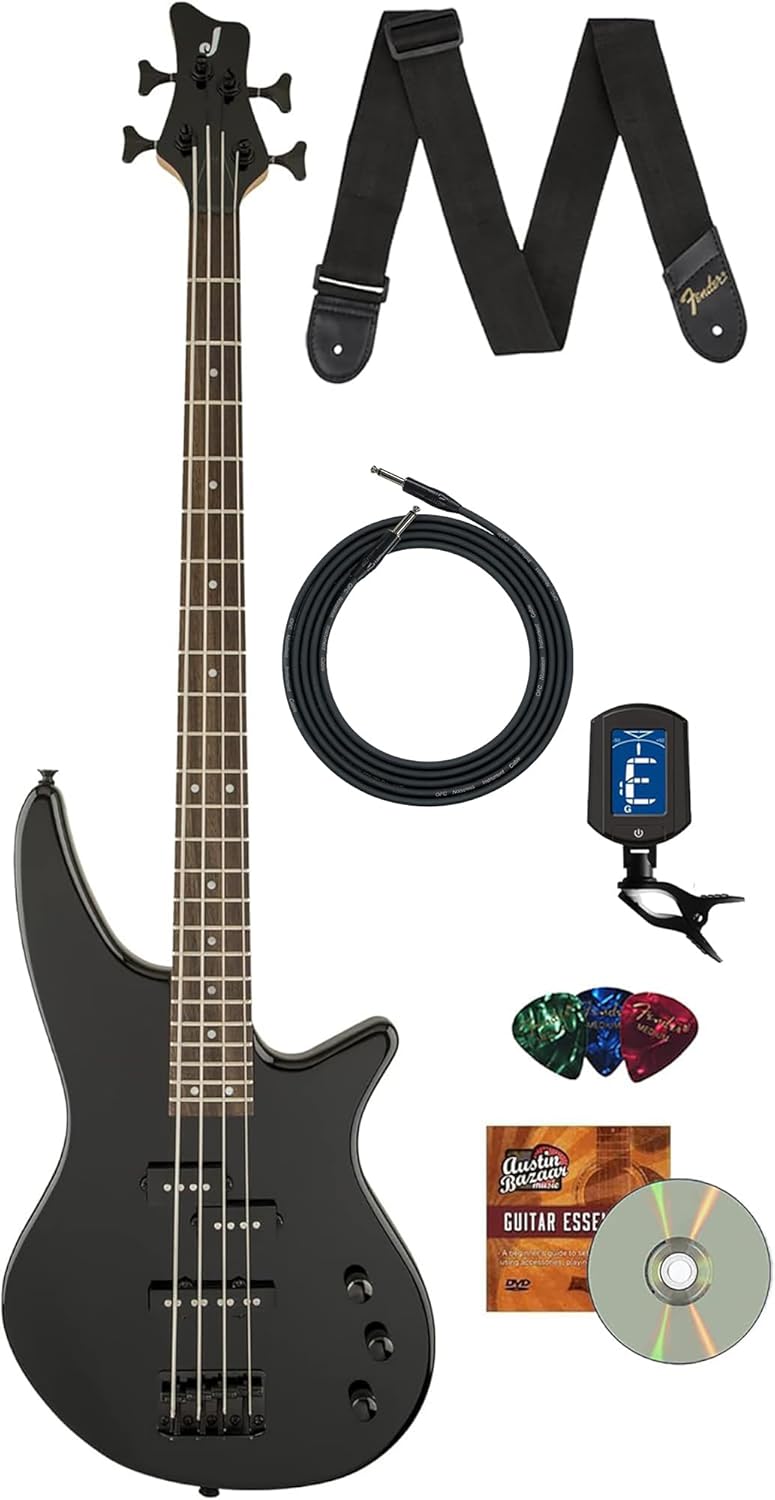 Jackson JS2 Spectra Bass Guitar - Gloss Black Bundle with Cable, Tuner, Strap, Picks, and Austin Bazaar Instructional DVD