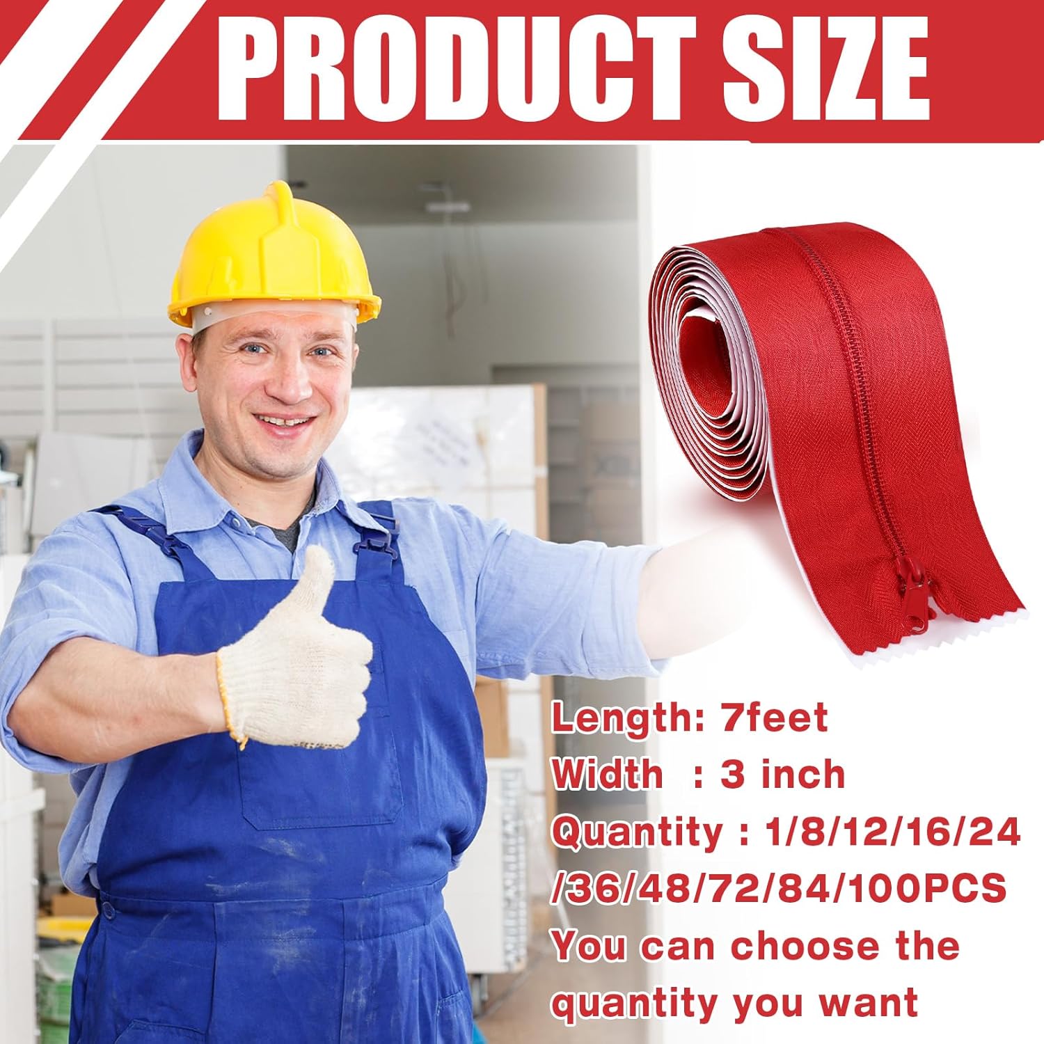 Tigeen 48 Roll Heavy Duty Zipper Door for Dust Barriers 7 ft x 3 Inch Self Adhesive Construction Zipper Door for Greenhouse Tent Accessories (Red)