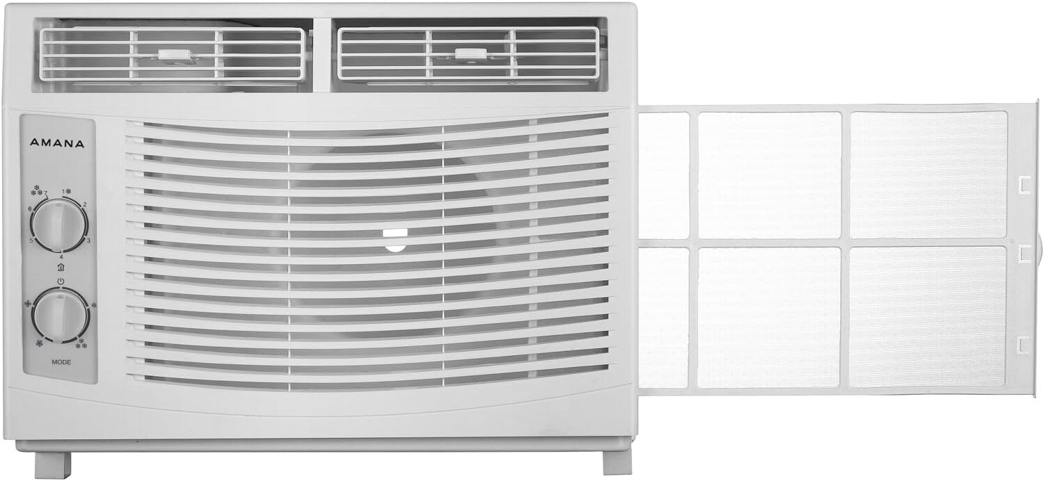 Amana 5,000 BTU Window Air Conditioner, 115V, Cools up to 150 Sq.Ft. for Bedroom, Living Room, Apartment, with Mechanical Controls, Dehumidifier, Washable Filter, 2 Fan Speeds, Auto-Restart, White