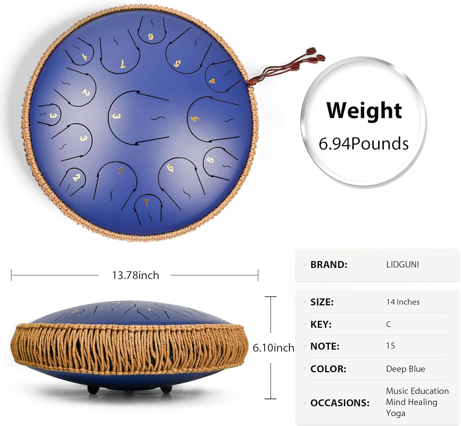 Steel Tongue Drum - 14 Inch 15 Note Tongue Drum - Hand Pan Drum with Music Book, Handpan Musical Instrument Mallets and Carry Bag, C Major, Deep Blue