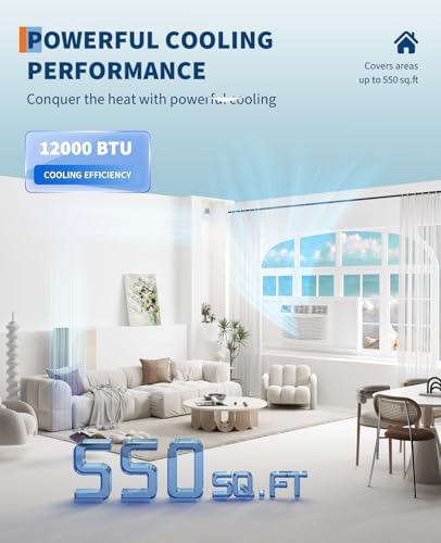 12,000 BTU Window Air Conditioner for Room Up to 550 Sq. Ft, 3 In 1 Quiet Window AC Unit with Cool, Fan, Dry Modes, Smart WIFI Control & Easy Install for Bedrooms, Apartments, Dorms