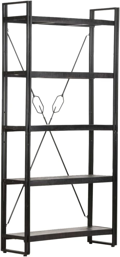 Black Industrial Bookcase, Solid Rough Mango Wood, Powder-Coated Steel Frame, 5-Tier Display Shelf, 11.8x35.4x71 Inch, Living Room Storage Office Furniture