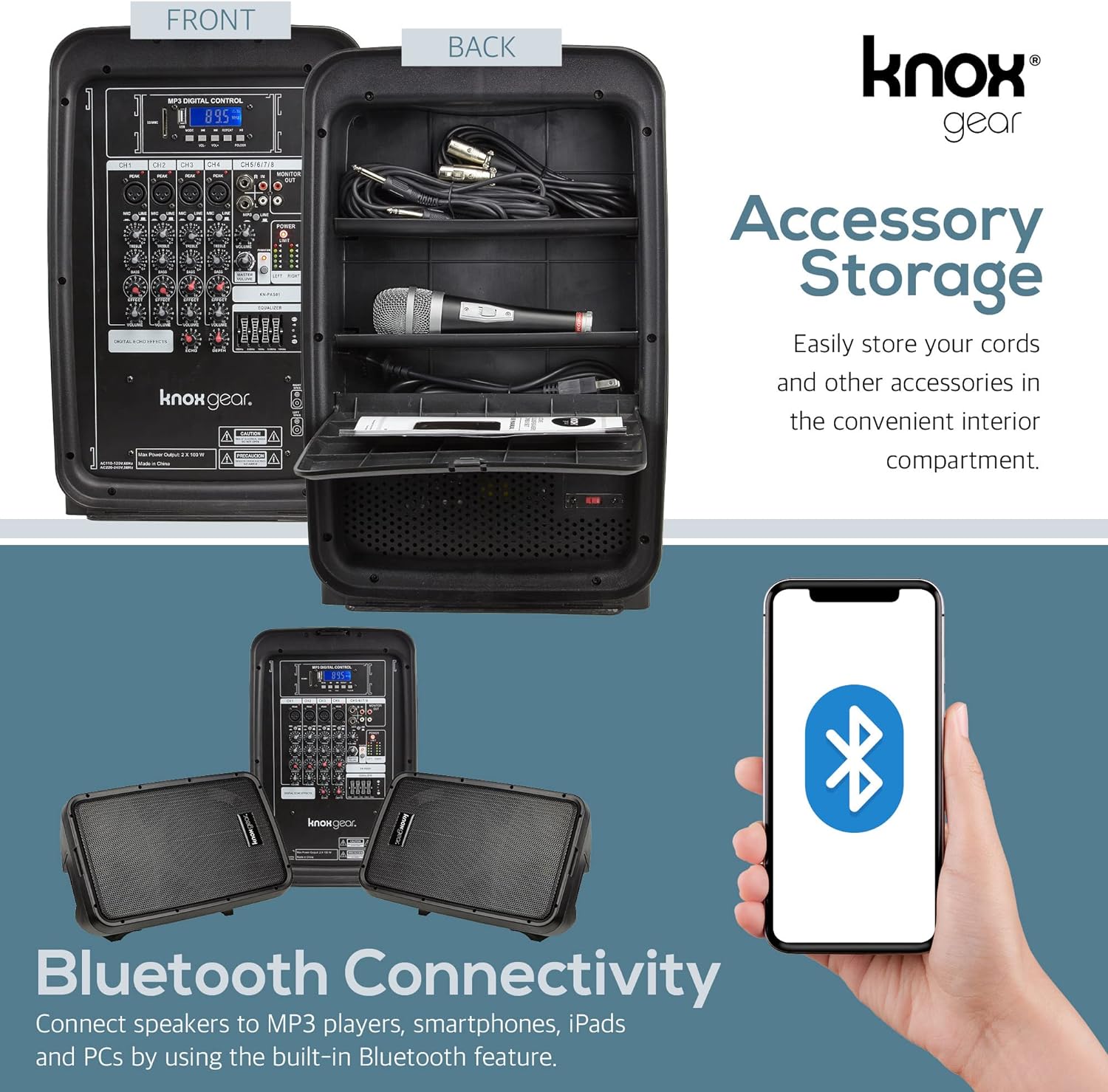 Knox Gear Dual Speaker and Mixer Set–Portable 8” 300 Watt DJ PA System with Wired Microphone & Tripod Stands, Amplifier, Bluetooth, USB, SD, 1/4” Line RCA, XLR Inputs, Ideal for a Party or Event