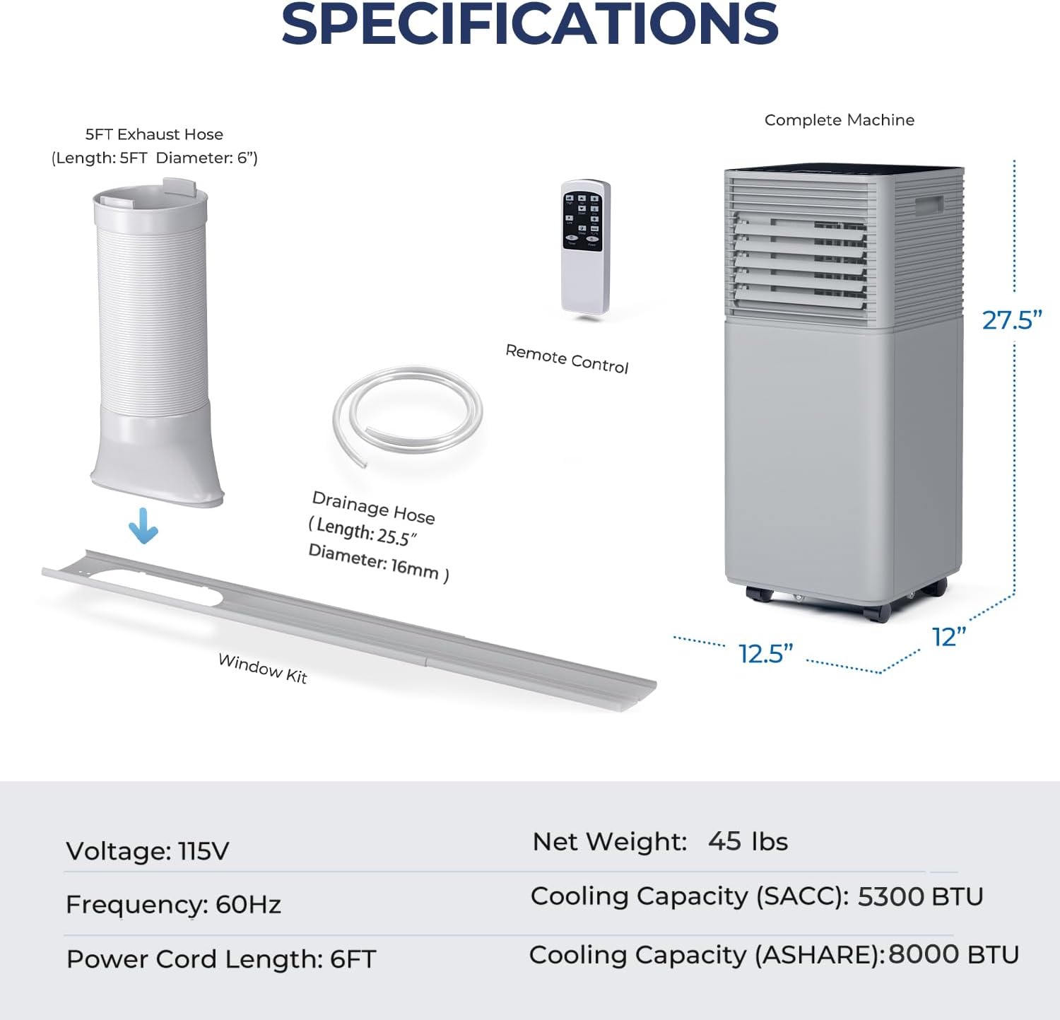 KOTEK Portable Air Conditioners, Air Conditioner for Rooms up to 230 Sq Ft, Ac Unit with Remote Control, 2 Speeds, 4 Modes, 24H Timer & Window Installation Kit for Home/Office/Dorms (Grey, 8000 BTU)