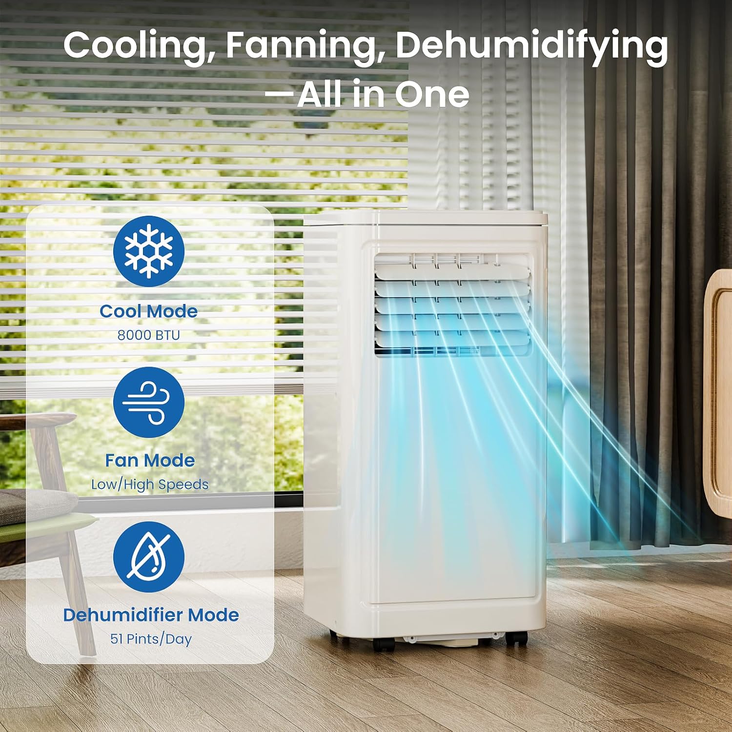 ZAFRO Portable Air Conditioners, 8000 BTU, 3 in 1 Portable AC Unit with Window Kits, Fan & Dehumidifier Modes, Cools up to 350 Sq.Ft, LED Display/Remote Control, 24H Timer for Living Room, Bedroom