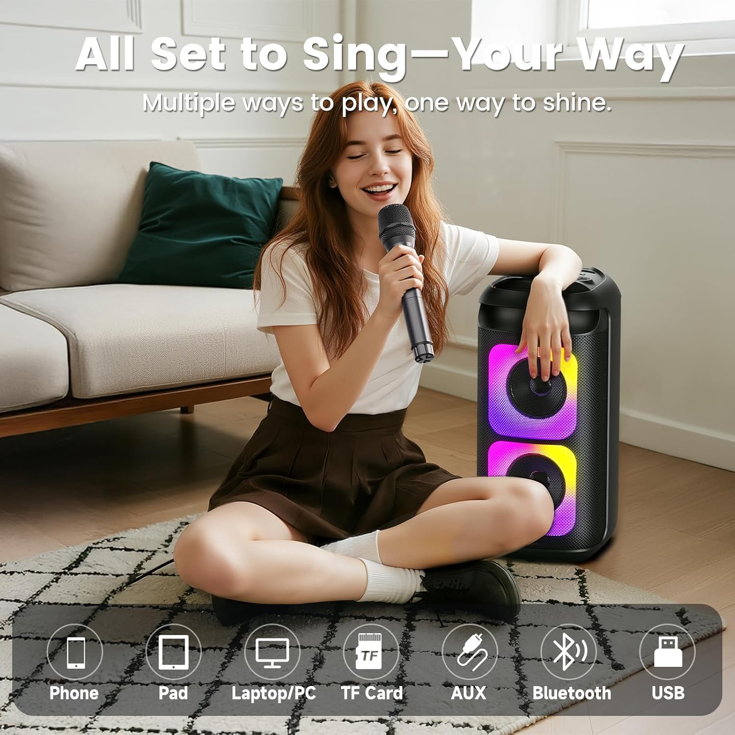 Karaoke Machine with 2 Wireless Microphones, Portable Bluetooth Karaoke for Adults, Powerful Dual 8