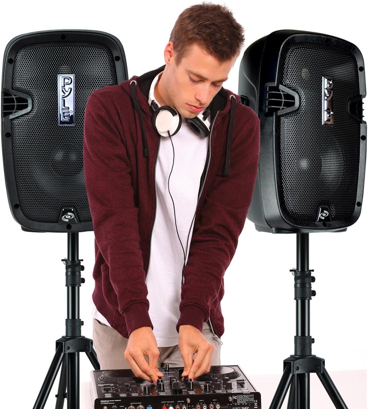 Pyle Powered PA Speaker System Active & Passive Bluetooth Loudspeakers Kit with 8 Inch Speakers, Wired Microphone, MP3/USB/SD/AUX Readers, Speaker Stands- PYLE PPHP849KT.5,Black