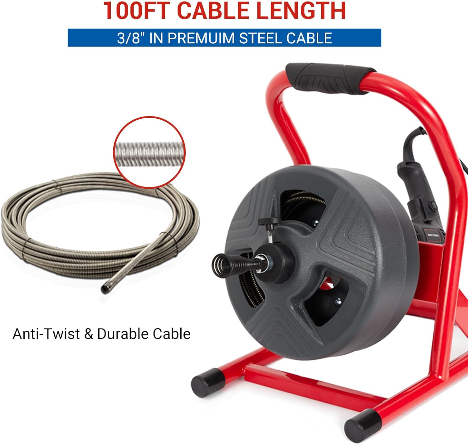 50 ft x 5/16 in Drain Cleaner Machine Professional for 3/4 in - 3 in Pipes, Foot Switch with 6 Cutters, Glove, Drain Auger Cleaner Sewer Snake for Bethroom/Kitchen Drains