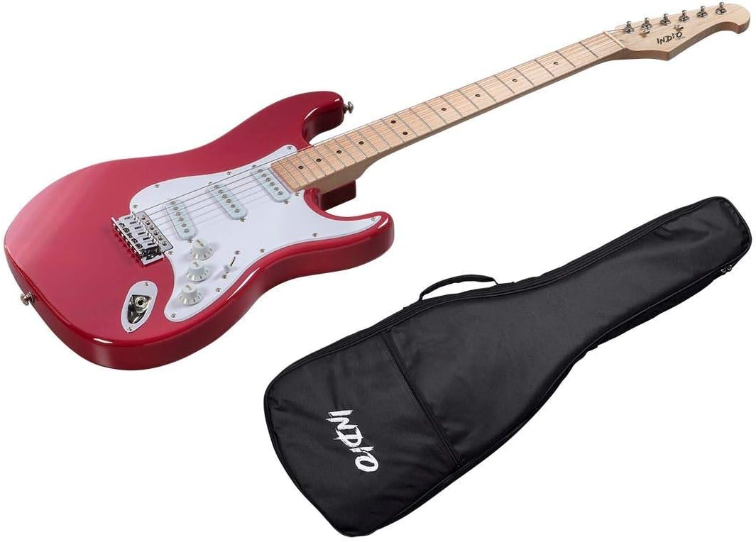 Monoprice Cali Classic Electric Guitar - Wine Red, 6 Strings, Double-Cutaway Solid Body, Right Handed, SSS Pickups, Full-Range Tone, With Gig Bag, Perfect for Beginners - Indio Series