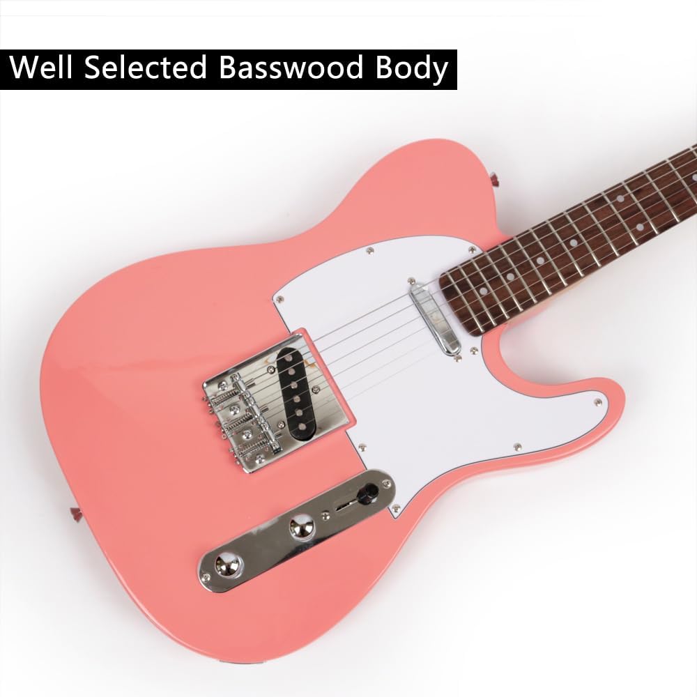 Fojill FTL-30 Electric Beginner Starter Guitar Solid Body Full Size Genuine Rosewood Fretboard With Gig Bag Strap(Baswood Body Pink)