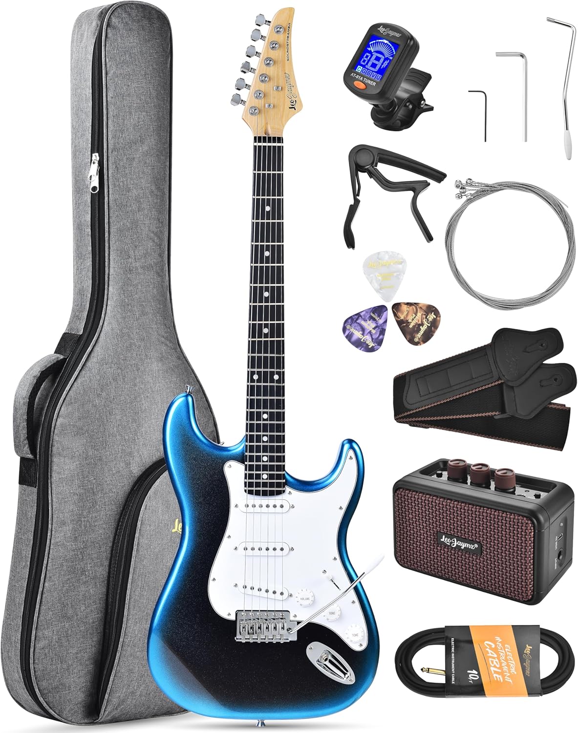 Leo Jaymz Beginner Electric Guitar Complete Kit with Portable Amp, Padded Gig Bag & Full Accessories, Maple Neck SSS Pickups (Blue-Black Fade)