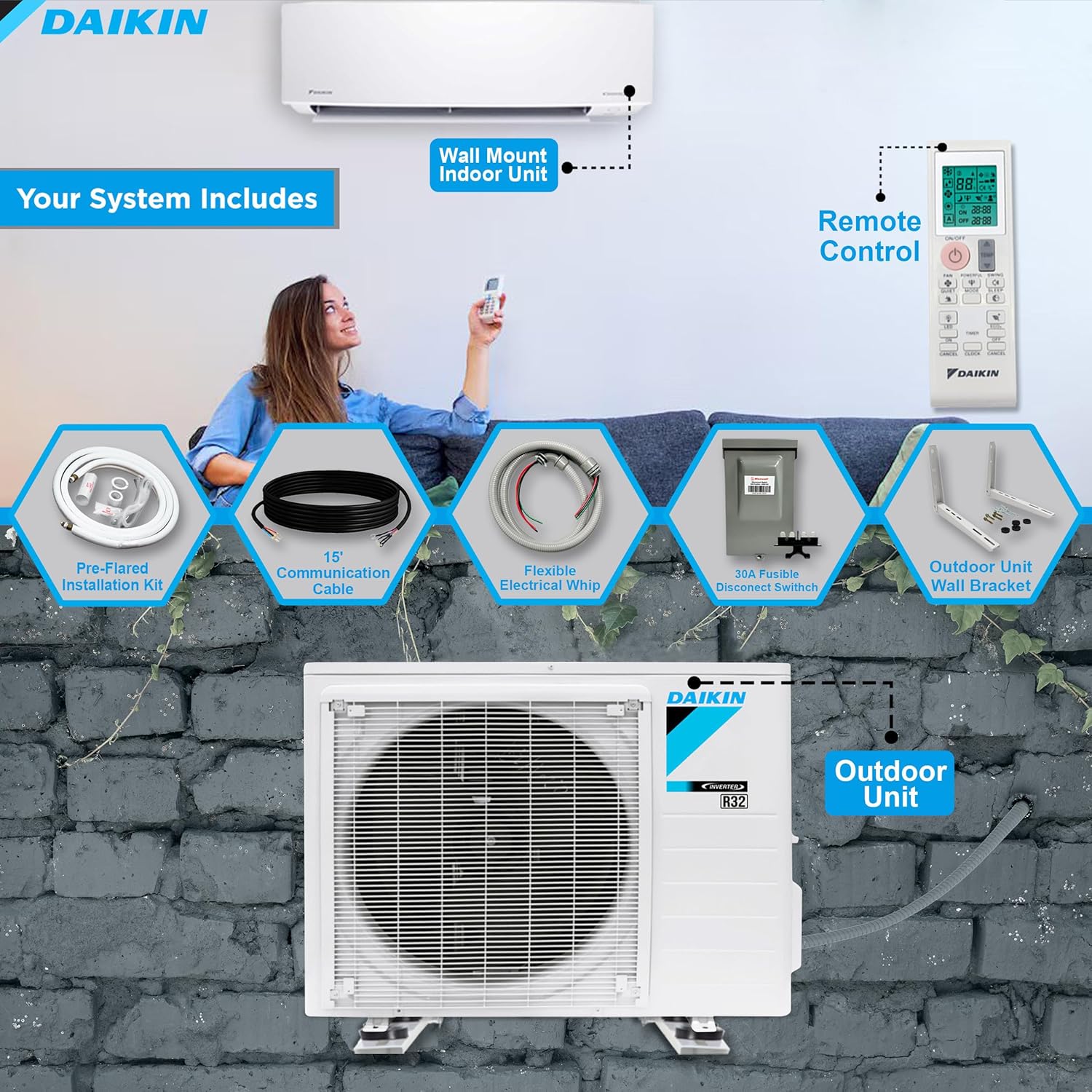 Daikin 18,000 Btu 18 SEER2 Ductless Mini-Split Wall Mount Heat Pump Air Conditioner - R32 w/ 15' Installation Kit, 1/2 Whip, 30A Disconnect, and Wall Bracket