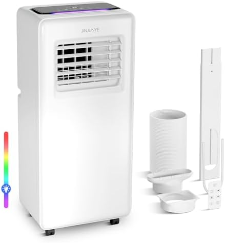 JINJUNYE Portable Air Conditioners 10,000 BTU 4-In-1 with 7 Color LED Light, Portable AC Unit Dry, Fan, Sleep Mode, Cool Room Up to 450 Sq.Ft, 24H Timer, Window Kit(Battery not Included)