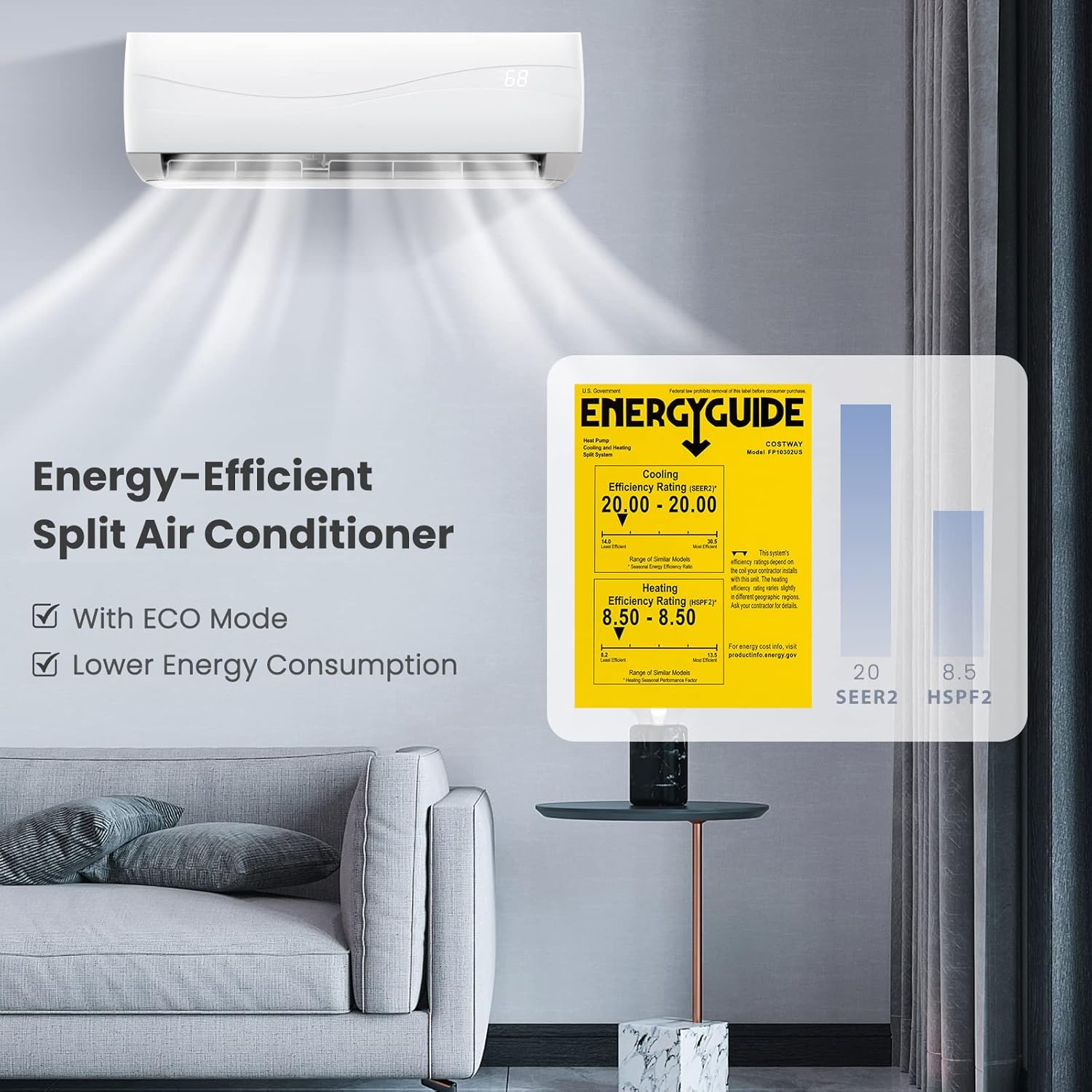 KOTEK 12000 BTU Mini Split AC/Heating System, 20 SEER2 Inverter Ductless AC Unit, Cools Up to 750 Sq. Ft, Wall Mounted Air Conditioner with Heat Pump & Installation Kit (12000BTU, 115V, 20 SEER2)