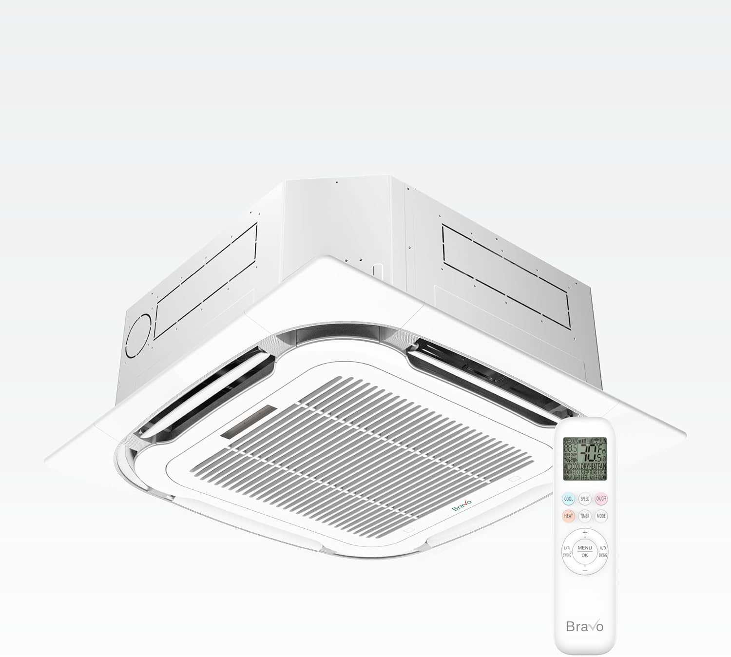 BRAVO 24,000 BTU Dual Zone 12000 + 12000 BTU Ceiling Cassette, 23 SEER2 Ductless Mini Split AC & Heat Pump – Includes Smart Control & 16FT Installation Kits – Inverter System