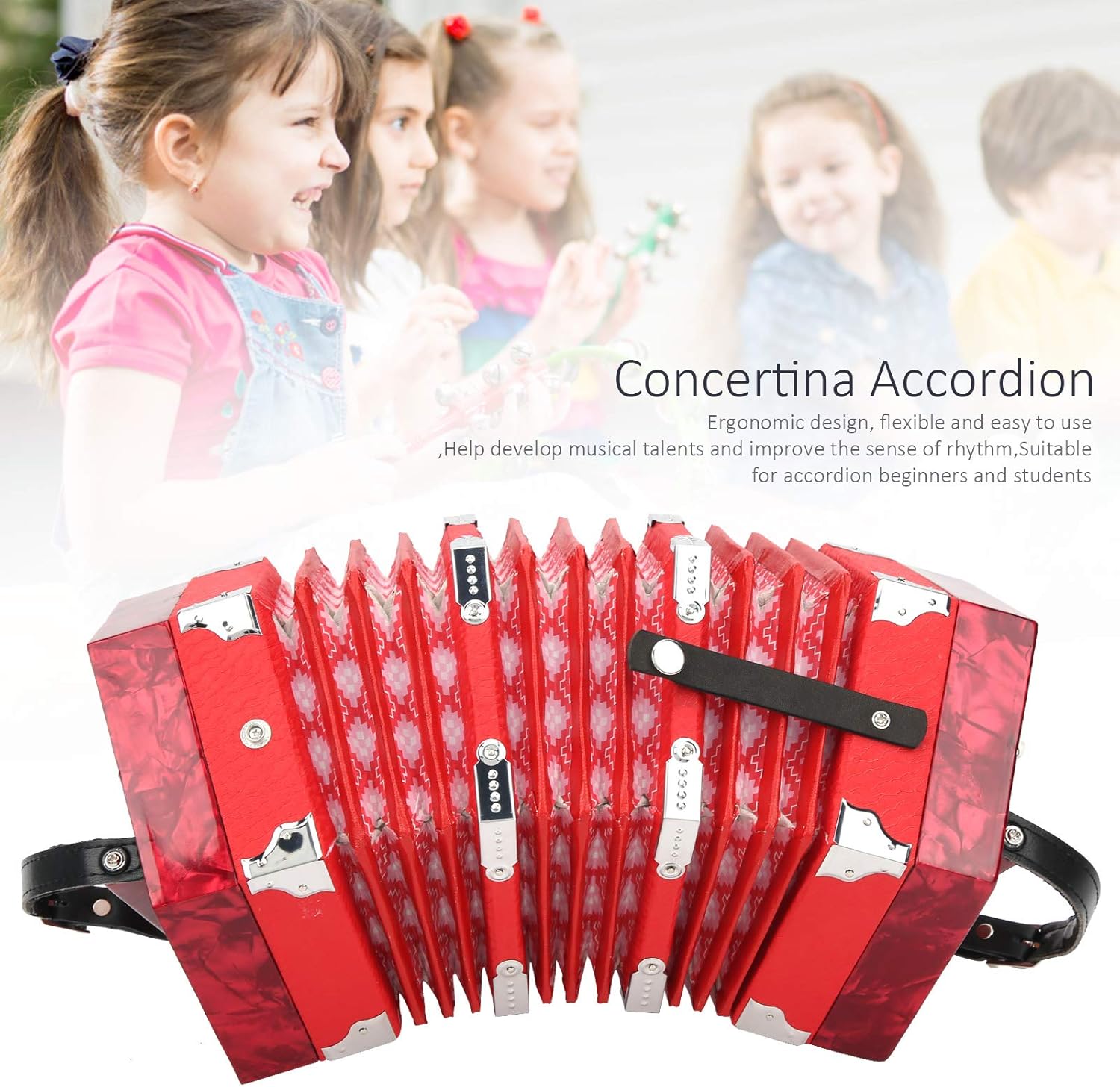 Kadimendium Elegant Concertina Accordion Portable for Adults and Children, Bright Color, 7.1 X 6.7 X 6.7in, for Musical Talents Development, 3 Colors Available (Red)