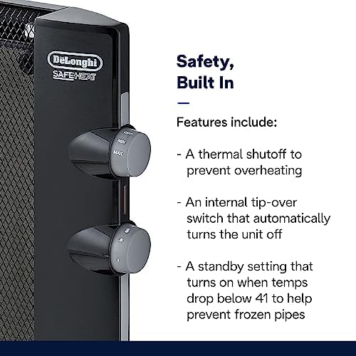 DeLonghi Mica Panel Space Heater, 1500W quiet electric space heater for indoor use, adjustable thermostat, freestanding/ easy wall mount, full room heating with built-in safety features, HMP1500 Black