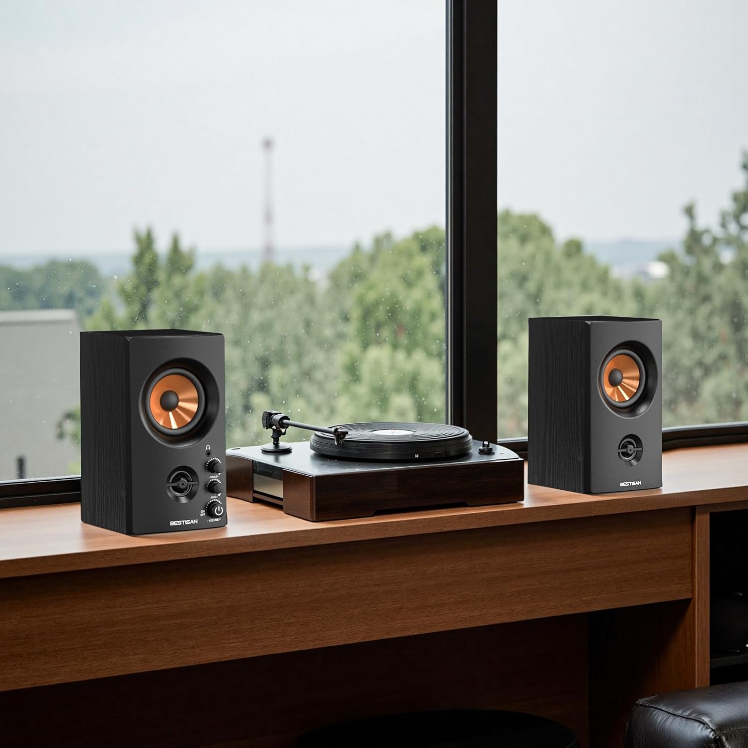 BESTISAN Active Bookshelf Speakers, 50W BT Home Speakers, 3’’ Woofer, 1’’ Silk Dome Tweeter PC Speakers, RCA Speakers for Desktop/Turntable/TV, Bass & Treble Adjustable, Headphone Port for Gaming