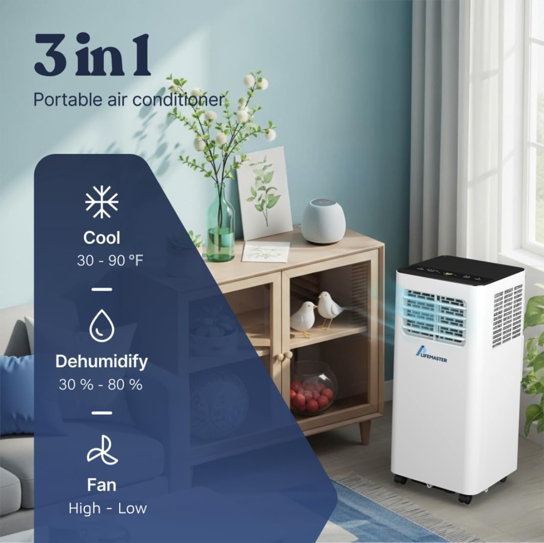 LifeMaster 8,000 BTU Portable Air Conditioners, Room Air Conditioner with Digital Remote for Room up to 350 Sq.Ft, 3-in-1 Portable AC Unit with Installation Kit for Home/Office/Dorms
