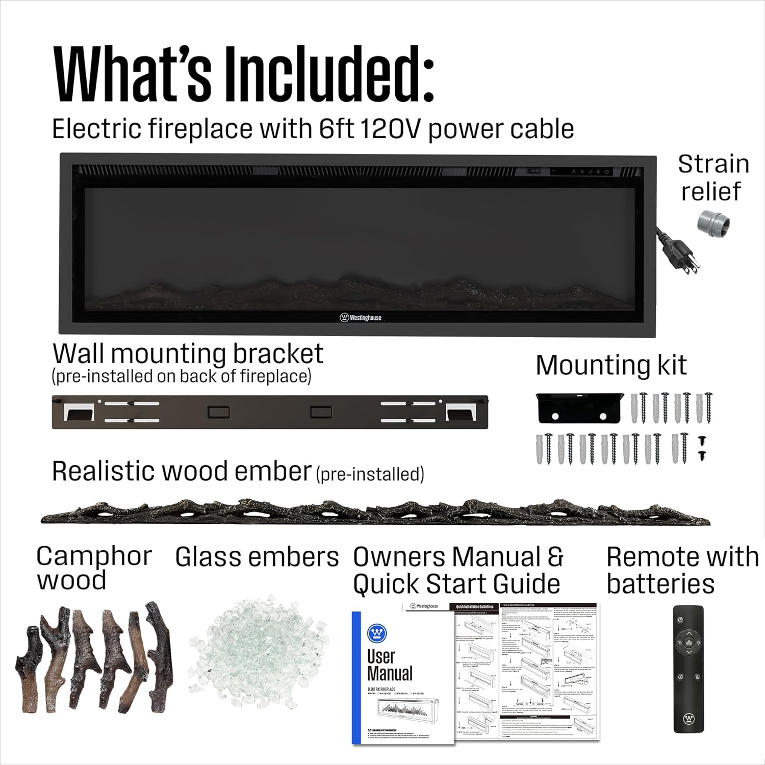 Westinghouse 60 Inch Electric Fireplace Heater, Compatible with Alexa & Google Home, Wall Mount or in-Wall Recessed Fireplace Insert, 24 Hour Timer, Color Changing Flames, 750W/1500W Indoor Heater