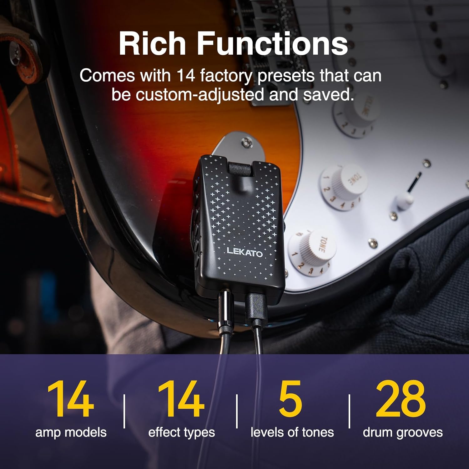 Guitar Headphone Amp, LEKATO Headphones Amplifier for Electric Guitar and Bass, Features 28 Drum Grooves, 14 Effects, 14 Amp Models, Built-in Bluetooth Streaming, OTG Recording, USB Rechargeable