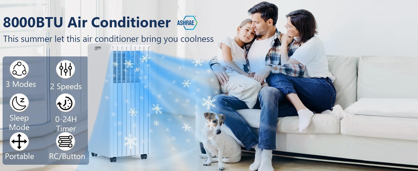 Portable Air Conditioners - 2025 Upgraded 8000 BTU Portable AC for Room up to 250 Sq. Ft, 3 in 1 AC Unit with 24H Timer, Smart Sleep Mode, Remote Control, Air Cooler for Large Room Indoor