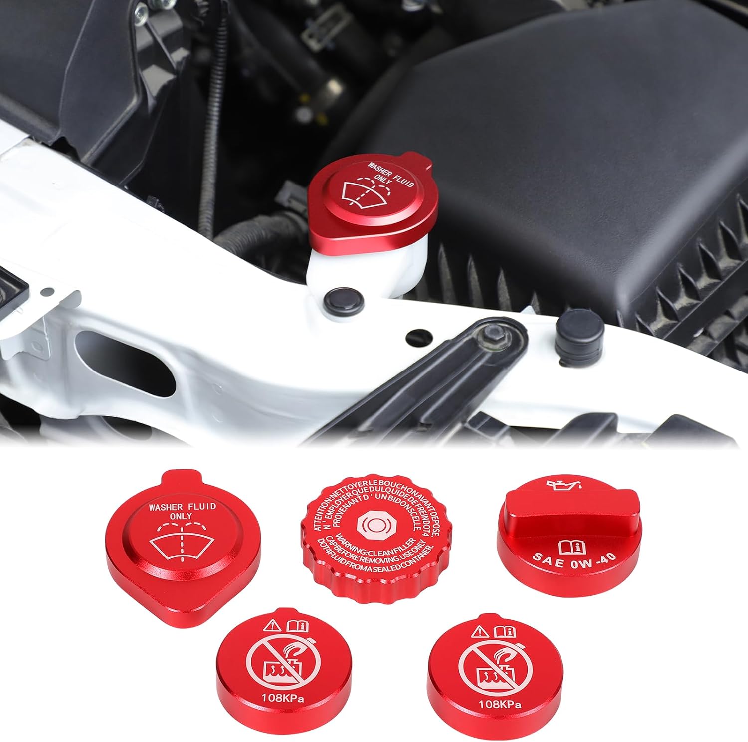 Car Engine Oil Filler Caps Set Compatible with Toyota Tundra 2022+ & Tacoma 2024+ Engine Oil Cap Brake Fluid Cap Wiper Washer Cap Radiator Cap Cover Windshield Wiper Switch Cover Trim Kit Accessories