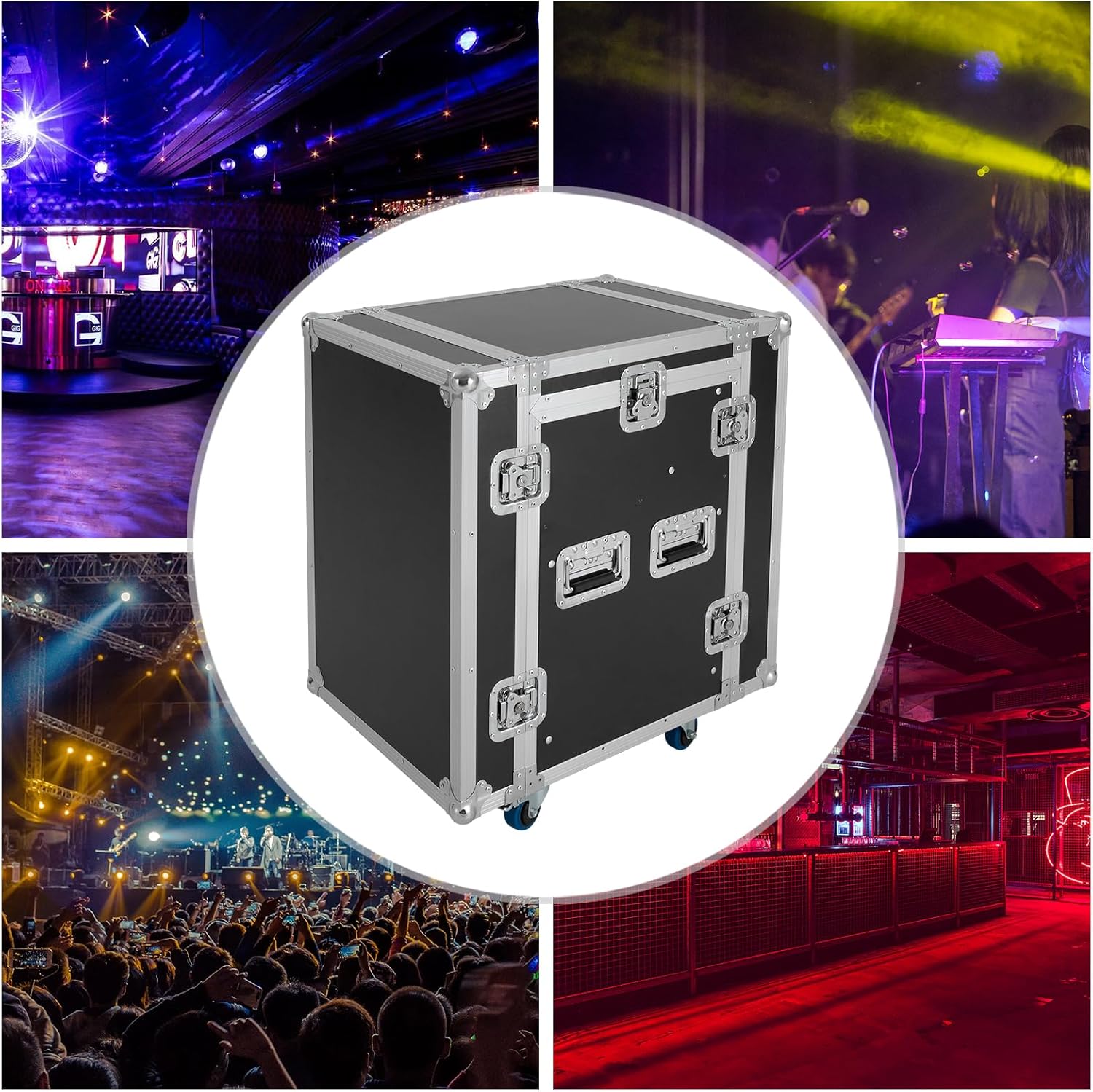 10U PA DJ Rack/Road ATA Case, Network & Stereo Rack with Slant Mixer Tops, 25’’ Depth DJ Work Table Rolling Studio Equipment Cabinet, Amplifier Mixer Storage Stand for Pro Tour Grade, Live Sound