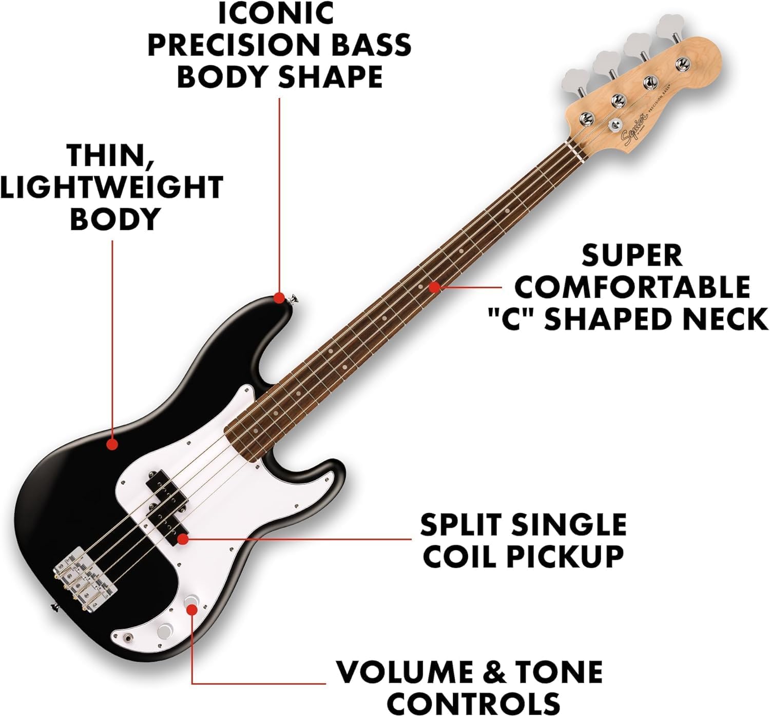 Fender Squier Debut Series Precision Bass Guitar, Beginner Electric Bass with Matte Finish, Black + Gig Bag + Mini Deluxe Amp + 10ft Cable