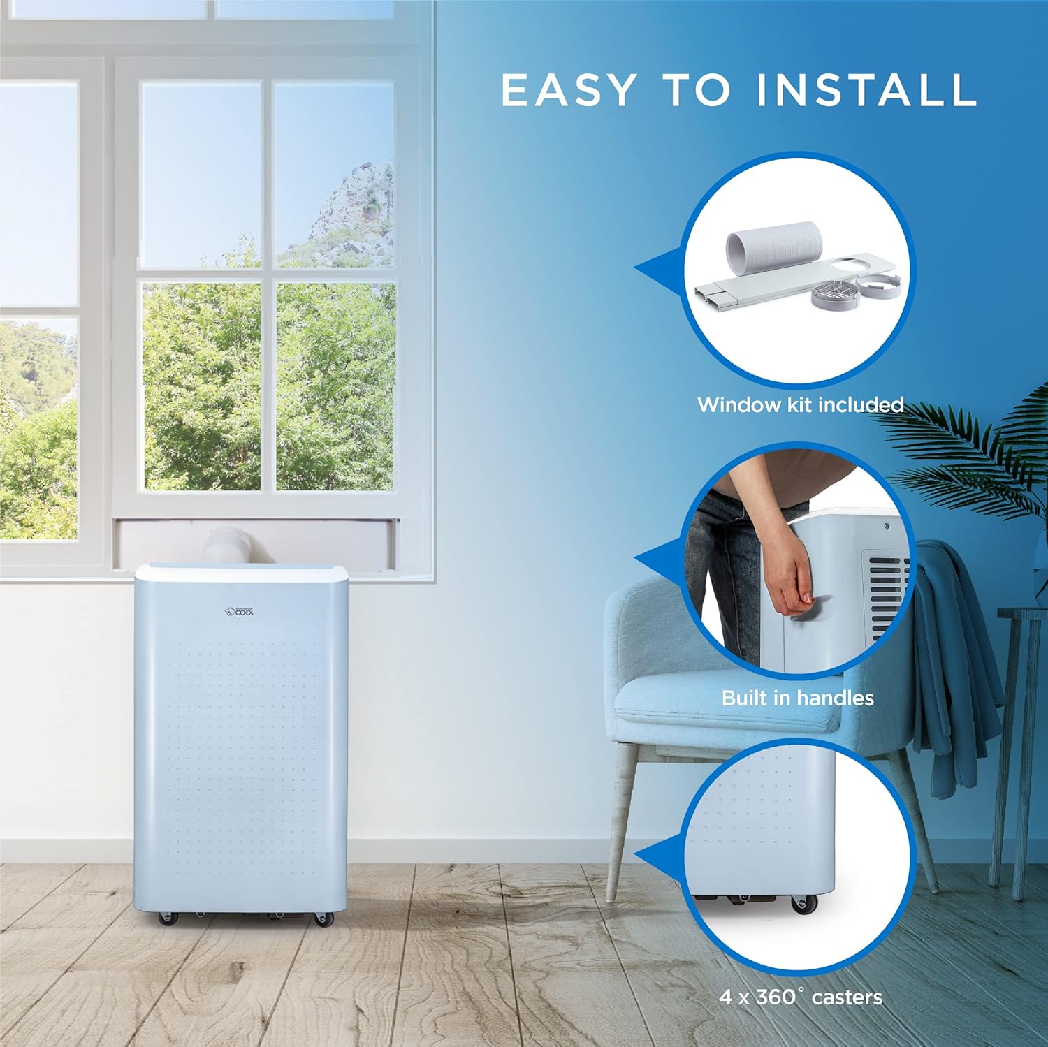 Commercial Cool Portable Air Conditioner, Dehumidifier & Fan, Portable Air Conditioner 9,000 BTU Covers up to 400 Sq. Ft., Wifi Enabled, Blue