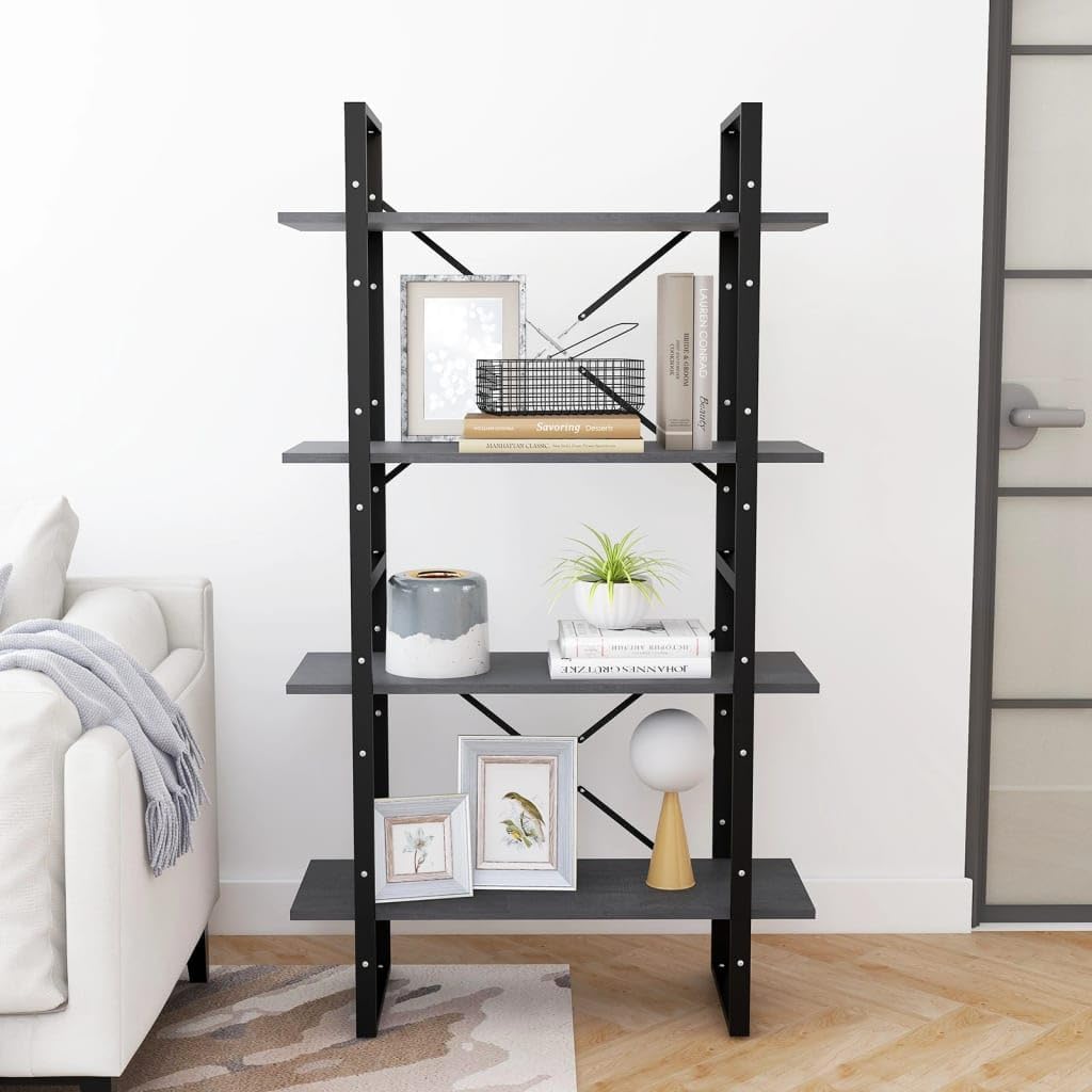 Grey Solid Pine Wood Book Cabinet, 4-Tier Display Shelf, Industrial Modern Bookcase for Living Room, Office, 11.8 x 31.5 x 55.1 in Office Furniture