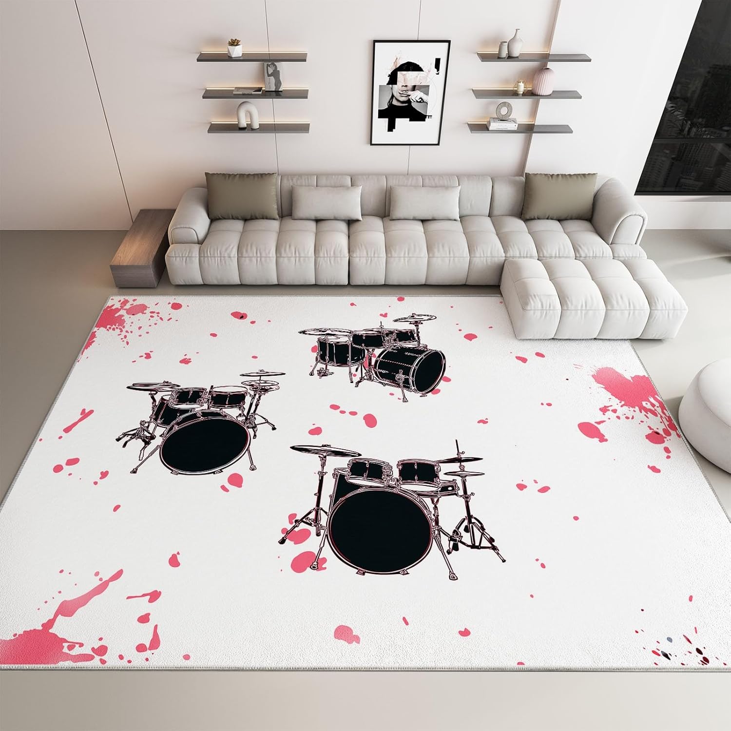 White Machine Washable Area Rug, Musical Instrument Drum Pattern Soft Area Rug - Non Slip Stain Resistant Low Pile Carpet with Non Slip Backing 5 x 6 ft for Living Room Bedroom Playroom