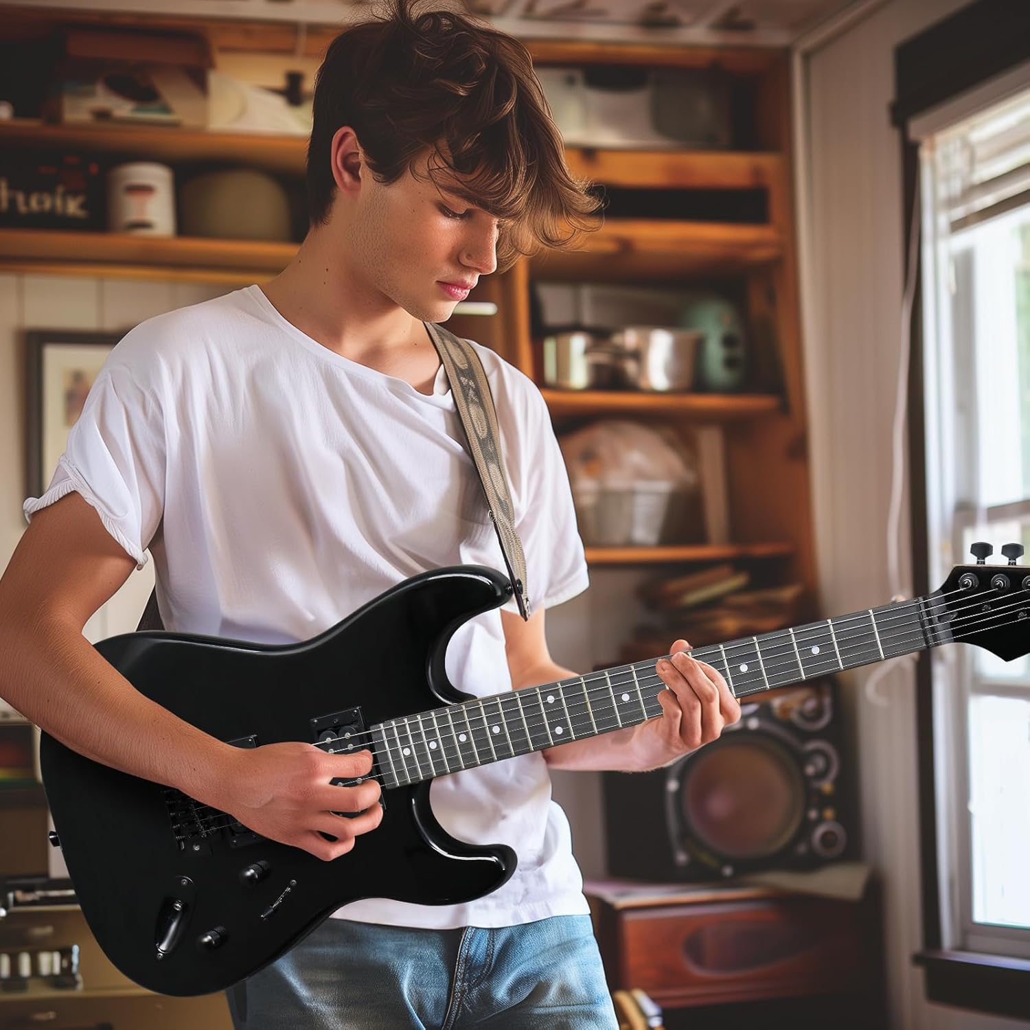 Ktaxon 39 Inch Electric Guitar, Full-Size Solid Body Electric Guitars Kit with Thickened Bag, H-H Pickups, Capo, Upgrade Cable for Beginners, Intermediate & Professional (Bright Black)