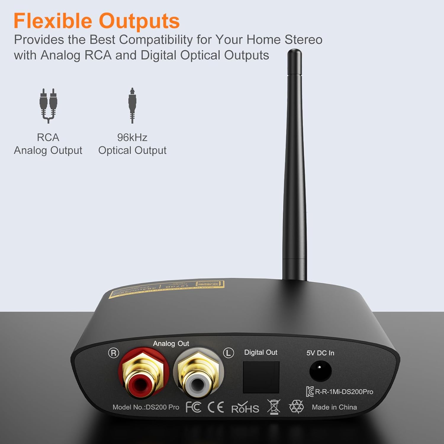 1Mii DS200Pro Bluetooth 5.3 Receiver for Home Stereo, HiFi Wireless Audio Adapter with LDAC, Built-in DAC, Long Range, Optical & RCA Outputs