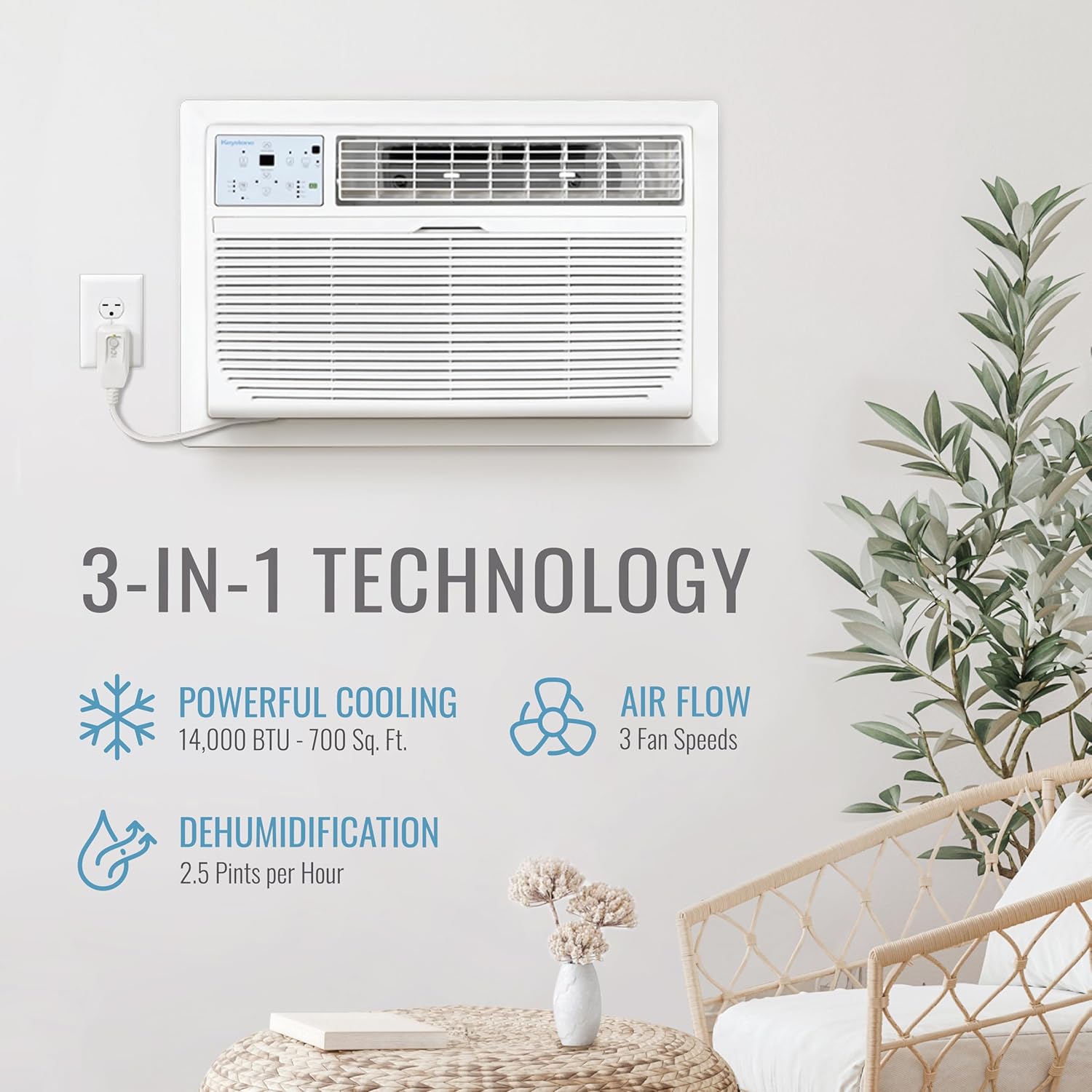 Keystone 14,000 BTU 230V Wall Mounted Air Conditioner & Dehumidifier with Remote Control - Quiet Wall AC Unit for Bedroom, Garage, Nursery, Large Rooms up to 700 Sq.Ft.
