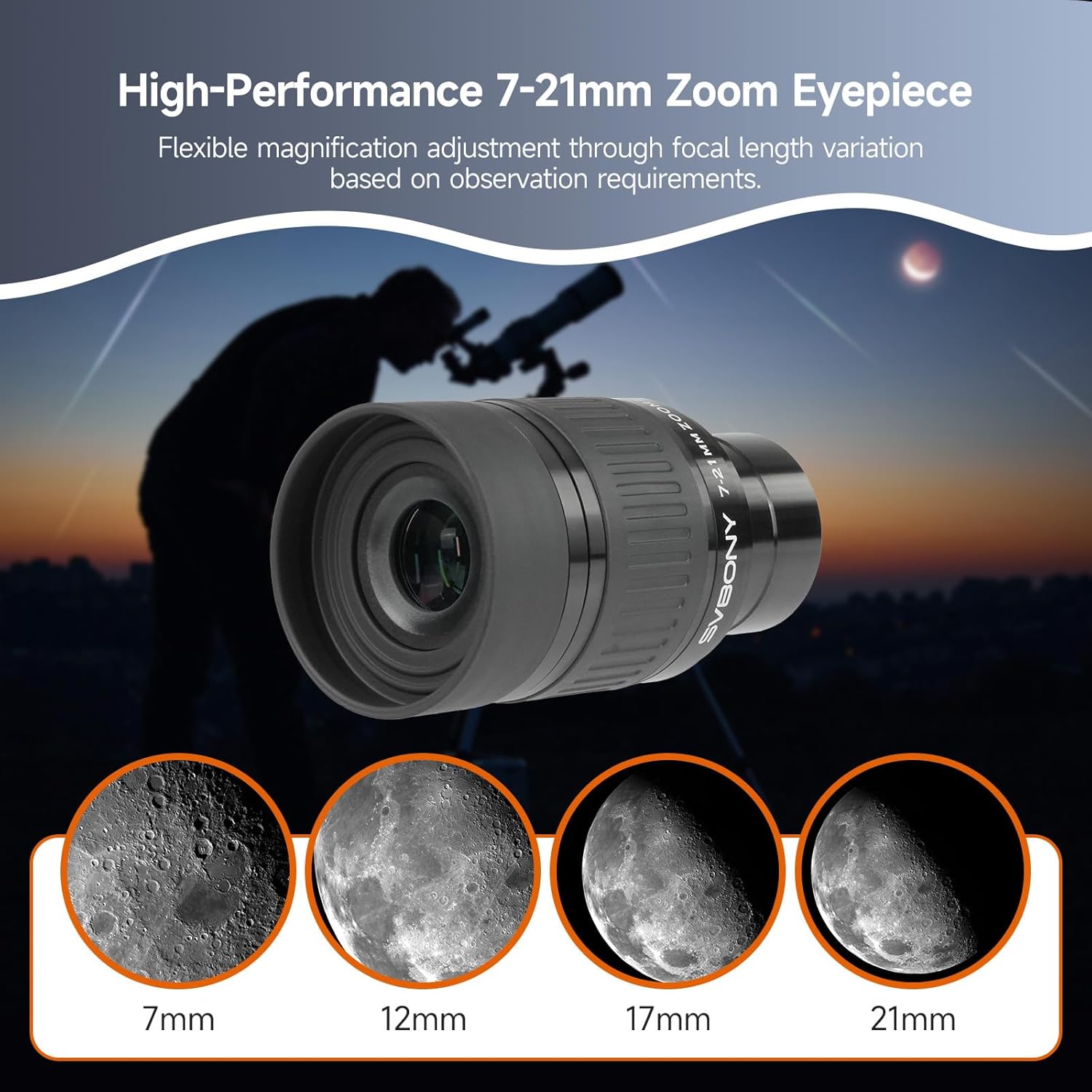 SVBONY SV233 12 Piece Telescope Accessory Kit 3.2mm Ultra-Wide Angle Planetary Eyepiece, SPL25/32mm Eyepieces 7-21mm Zoom Eyepiece, 2X Barlow Lens, LRGB Filters Moon Filter Variable Polarizer Filter