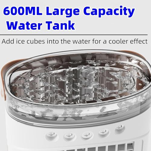 Portable Air Conditioners Fan, USB Personal Mini Air Conditioner 2 Speed 3 Mist 7 Night Light 8H Timer, 0.6L Water Tank Evaporative Air Cooler for Room, Bedroom, Office, and More (Black) (White)