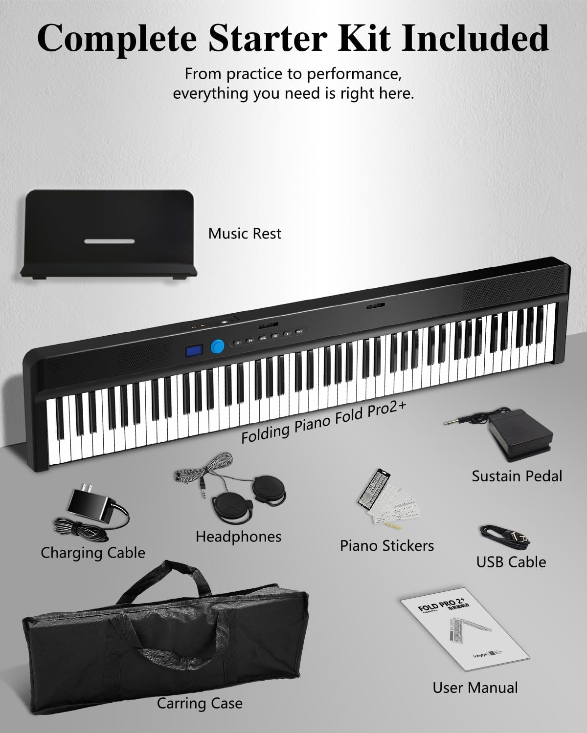 Longeye Folding Piano Keyboard 88 Key Portable Digital Piano Ultra Sound Semi-Weighted Electric Keyboard for Beginners & Professionals with Headphones, Stickers & Carrying Case Fold Pro 2+