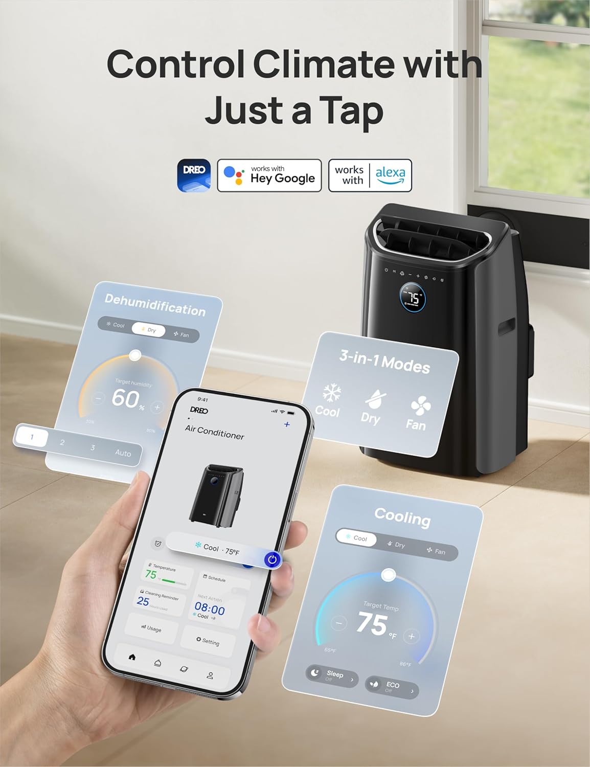 Dreo Portable Air Conditioners, 12000 BTU ASHRAE (8000 BTU DOE) Smart AC Unit for Room with Drainage-free Cooling, APP/Voice/Remote, Fan & Dehumidifier, Quiet Standing AC for Bedroom, AC515S New