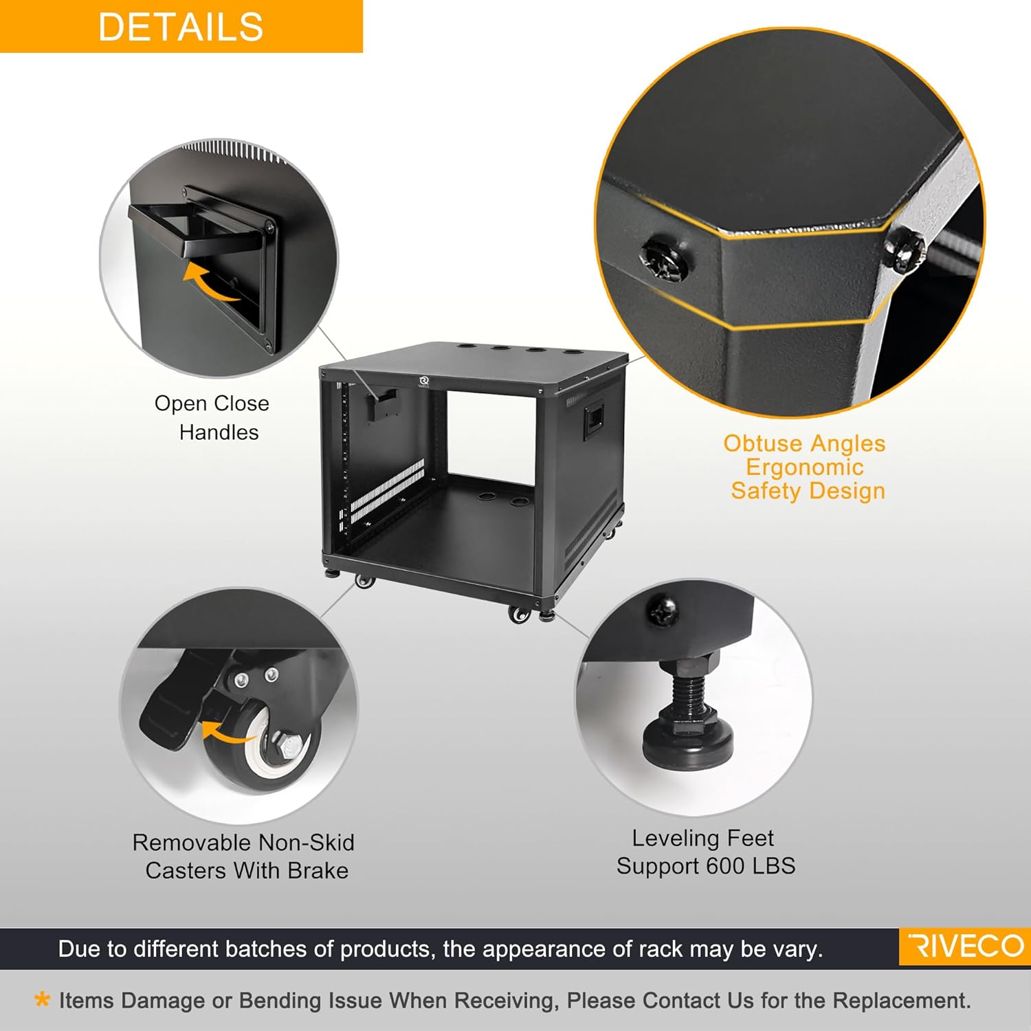 RIVECO 9U Network & Audio Rack with Feet & Wheels, Obtuse Angel Server Rack Cabinet, Rolling Studio Rack Case with Adjustable Depth Rails for 19