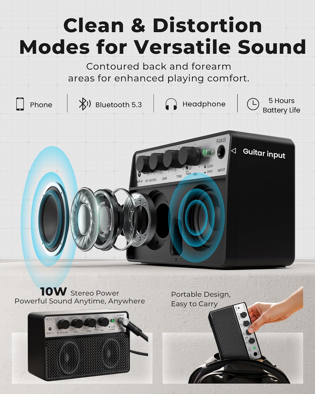 Fesley 39 Inch Electric Guitar: Beginner Electric Guitar Kit with HSS Pickup, Full Size Solid Body Guitar Starter Set with Amplifier, Bag, Strap, String, Cable, Picks, FST100, Black