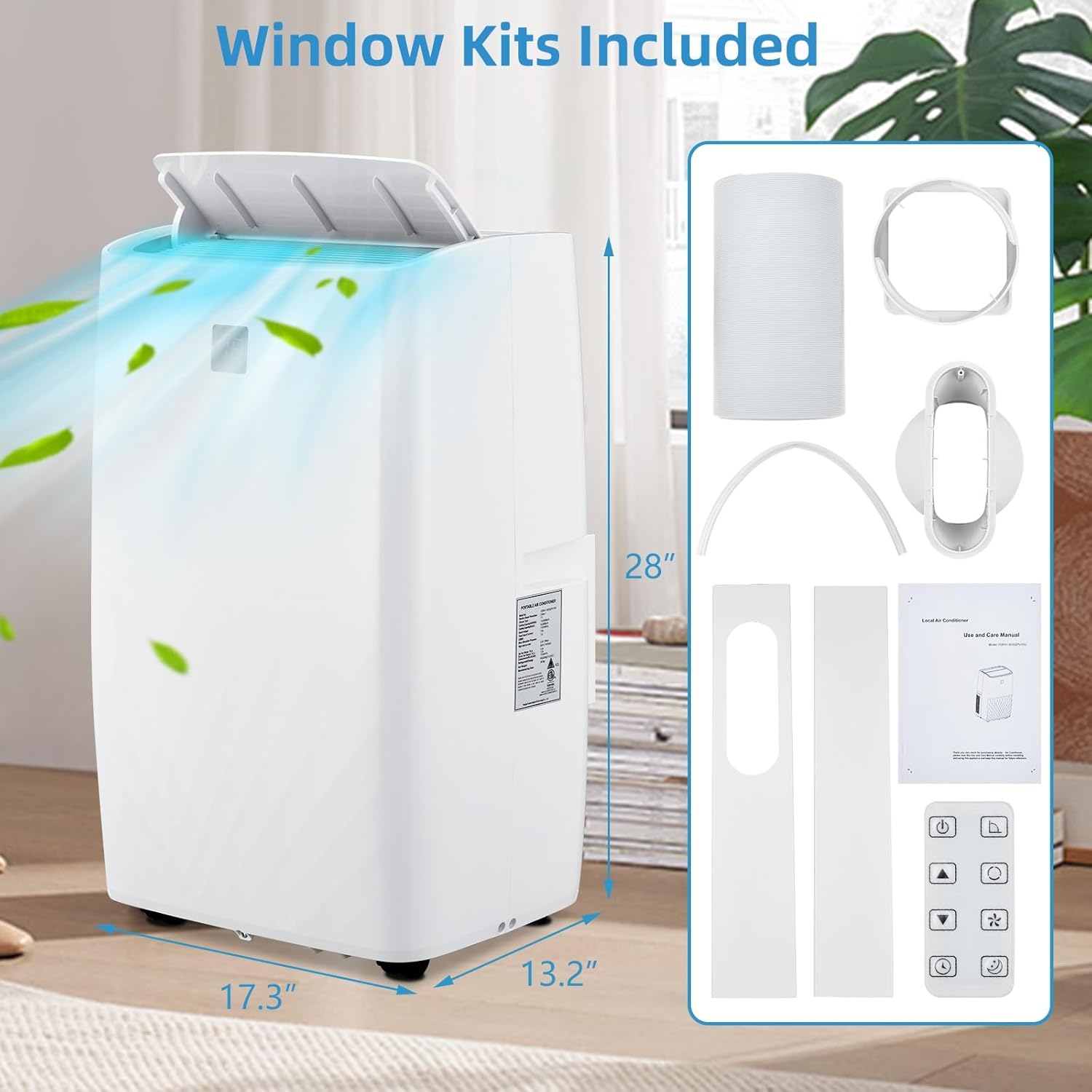 Small Air Conditioner 14,000 BTU with Built-In Dehumidifier - Portable AC Unit for Rooms Up to 750 Sq Ft - Sleep Mode, Swing Fan, 24H Timer, Remote Control, Window Kit, White