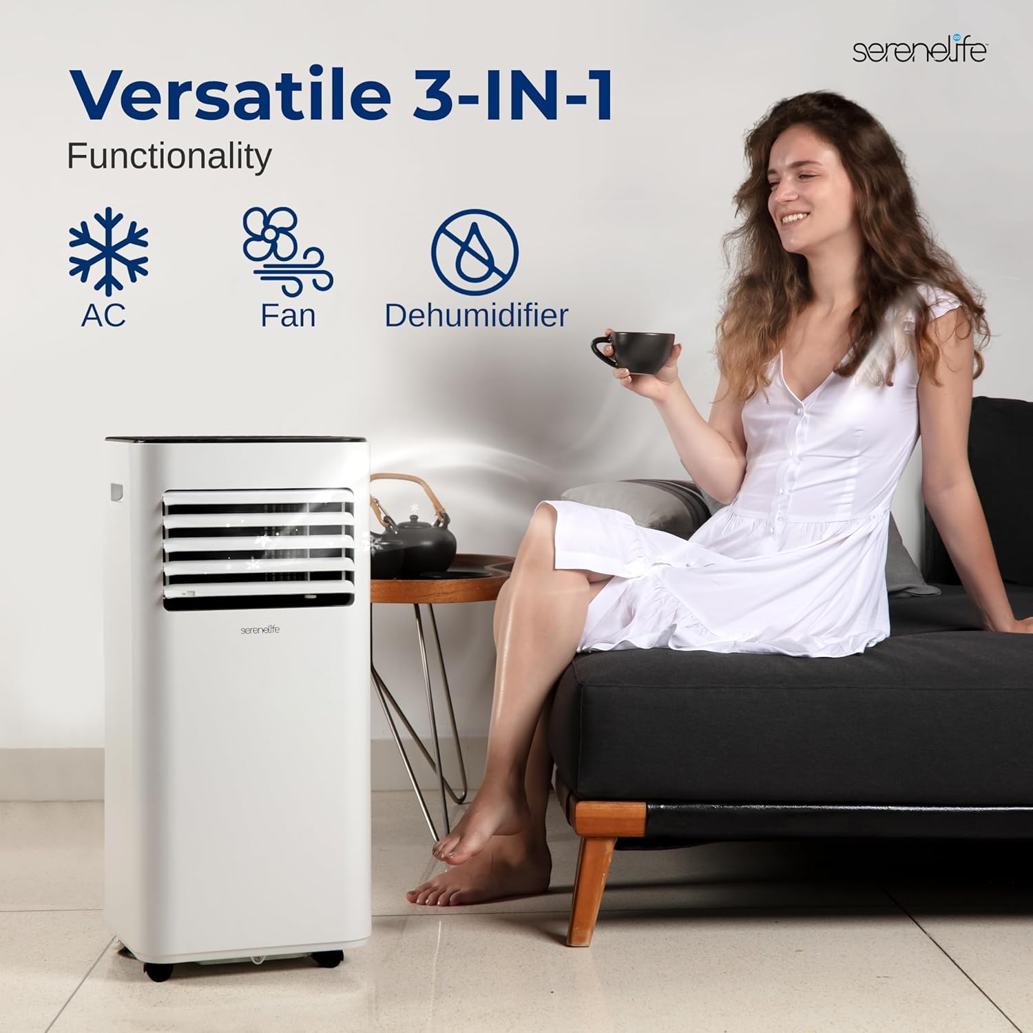 SereneLife Portable Air Conditioner 10000 BTU - 3-in-1 Compact Standing Air Conditioner for Room Up to 320 Sq. Ft. - Floor AC Unit with Remote Control - Universal Casters, Window Mount Kit